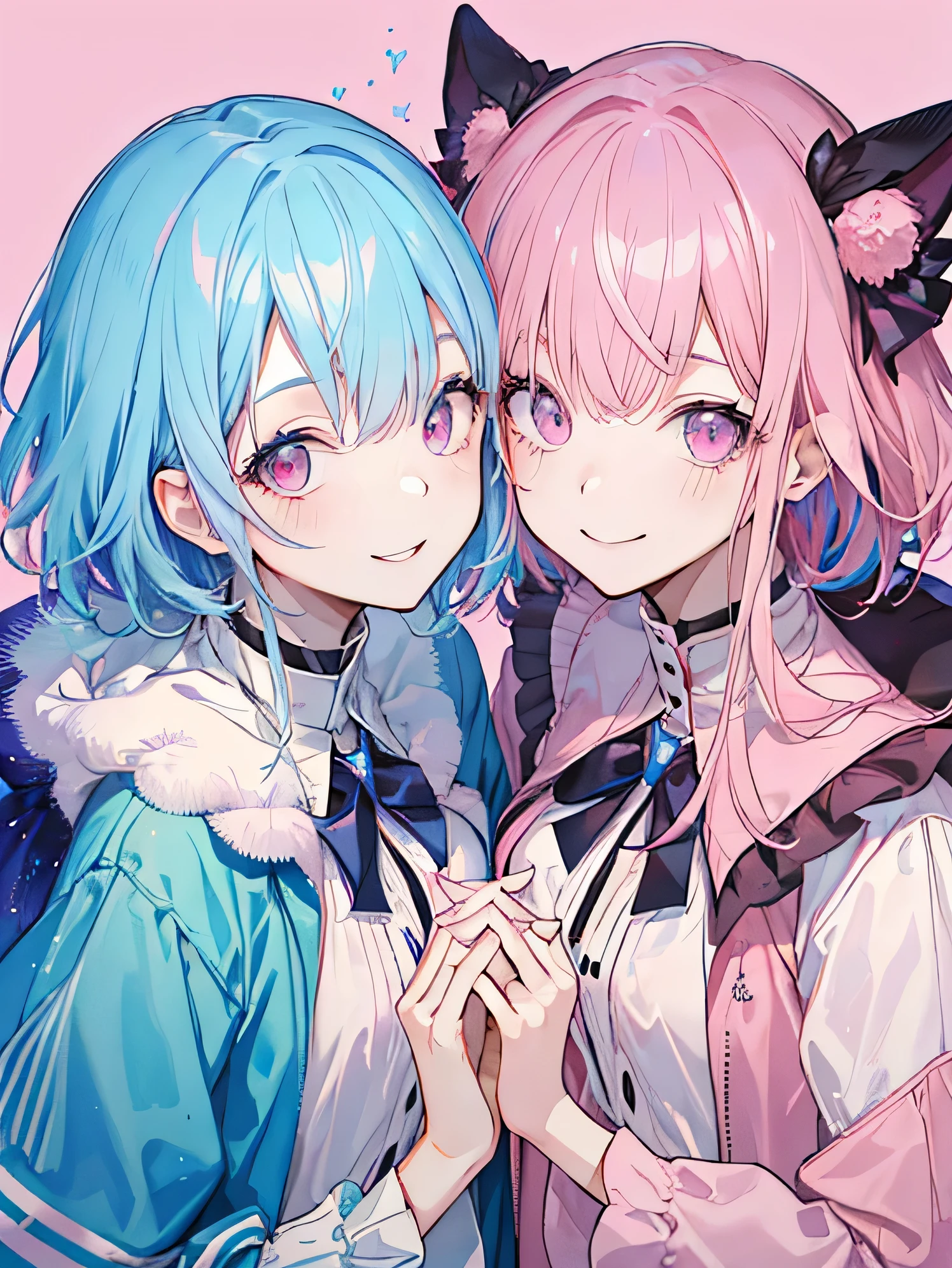((masterpiece, Super detailed, high quality, eye details, sparkling eyes)), two people, brother and sister take a photo together, ((My brother's height is 178 cm., pink hair, short hair down in front, habitually scatter, pink and purple eyes, neutral face, flat chest, nice, No expression, clear eyey sister's height is 163 cm, pink hair, short hair down in front, fluffy, Light blue and pink eyes, smile)).