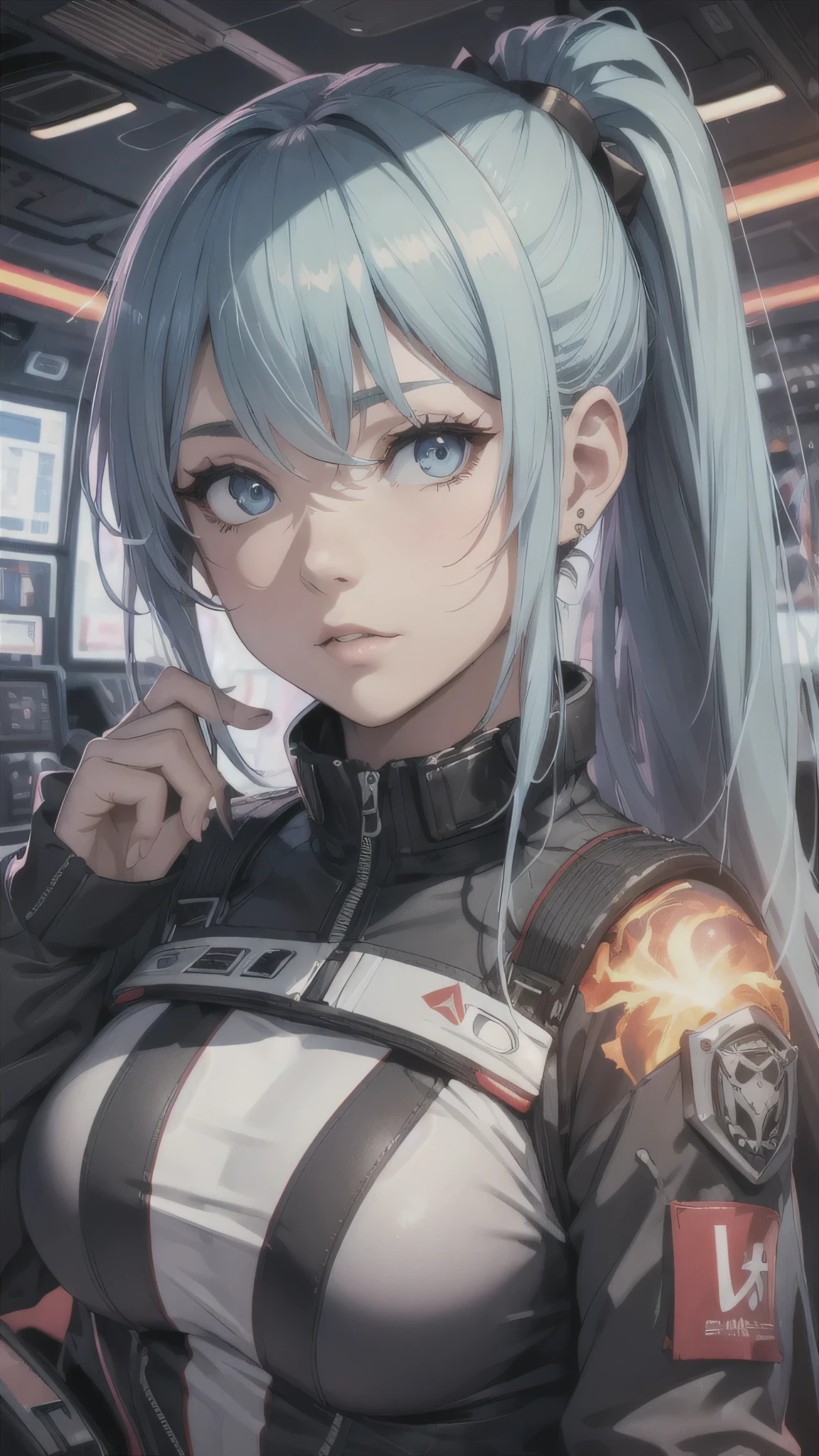 最high quality、best image quality、masterpiece、age girl((20-year-old、 By becoming、vest bust、medium bust,wide open breast tea、shining eyes, light blue hair、long hair、thin,highest valley、ponytail、black pilot suit、panicked face)),high quality、beautiful art、background((Inside the cockpit、spark、up in flames、red lighting))、Flight、debris flies、Depth of written boundary、movie、visual art、perfect art、8k,genuine、