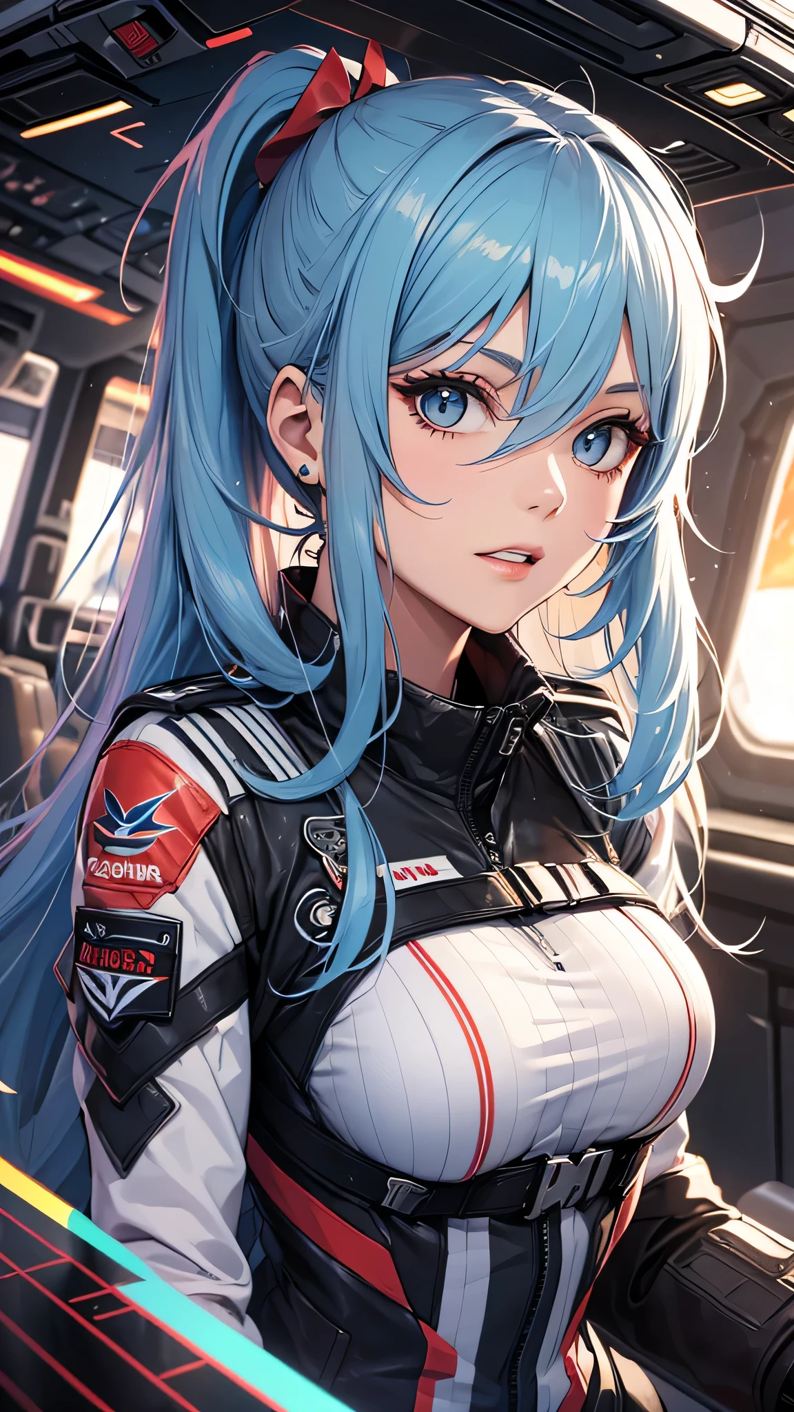 最high quality、best image quality、masterpiece、teenage girl((20-year-old、 By becoming、vest bust、medium bust,wide open breast tea、shining eyes, light blue hair、long hair、thin,highest valley、ponytail、black pilot suit、panicked face)),high quality、beautiful art、background((Inside the cockpit、spark、up in flames、red lighting))、Flight、debris flies、Depth of written boundary、movie、visual art、perfect art、8k,genuine、