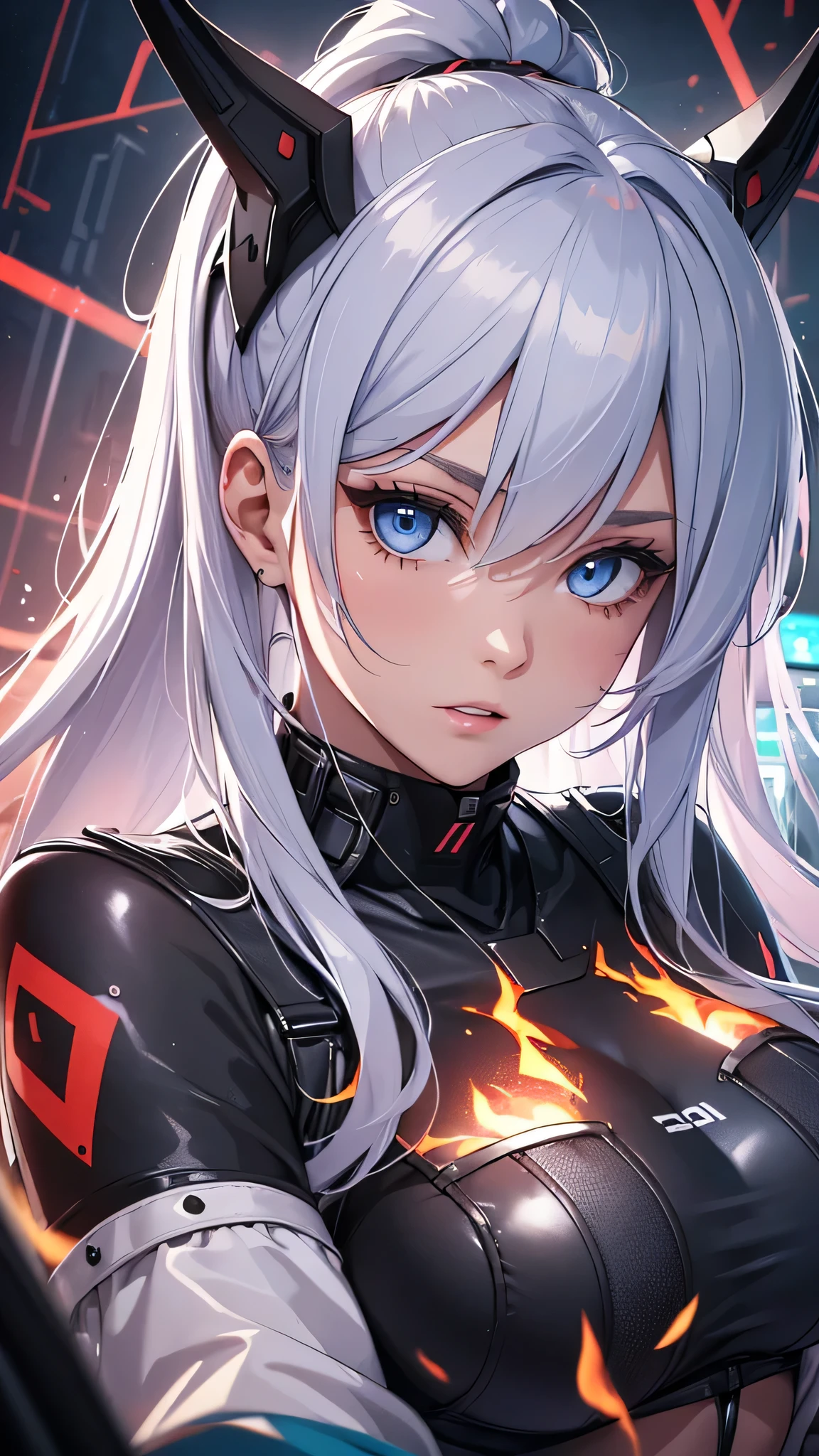 最high quality、best image quality、masterpiece、teenage girl((20-year-old、 By becoming、vest bust、medium bust,wide open breast tea、shining eyes, light blue hair、long hair、thin,highest valley、ponytail、black pilot suit、panicked face)),high quality、beautiful art、background((Inside the cockpit、spark、up in flames、red lighting))、Flight、debris flies、Depth of written boundary、movie、visual art、perfect art、8k,genuine、
