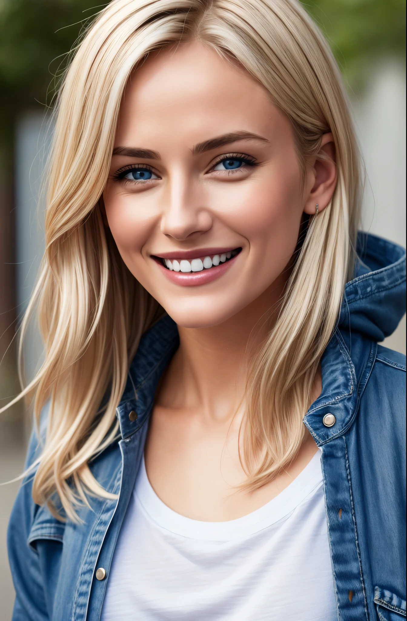 Photo jg-jc0n, casually beautiful blonde girl in blue shirt and jacket, (happy slightly excited smile), grey jeans, full-face, photoreality, hyper-realism, 8k quality, (natural skin texture, ultra high detailed face), masterpiece, sharp focus, ultra wide lens