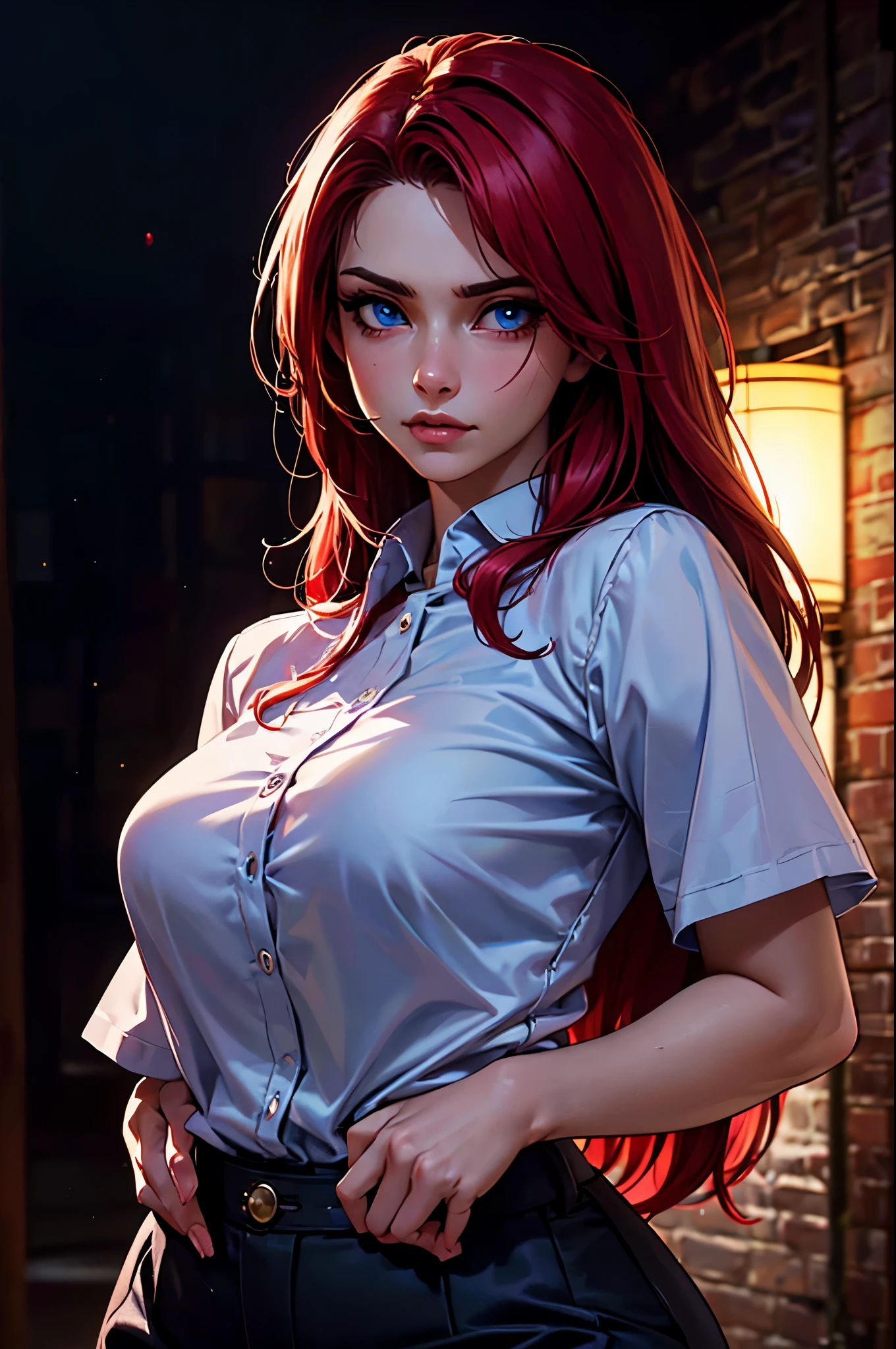 (Masterpiece, best quality, rich detail, realism: 1.3), (28 years old) (ulzzang-6500-v1.1:0.7), 1girl, upper body, (hips, sexy body, beautiful: 1.3), ((wearing teacher clothes)), ((sexy teacher)), ((absurdreasterpiece 1.3), (incredibly detailed), (highres:1.1), (high detailed skin:1.4), (high quality lighting), (skin texture), (UHD), (64K), (studio lighting), (photorealistic), (hyper realistic), (symmetric face), (unreal engine), (bokeh), (high resolution scan), (professional photograph), ((stunning handsome woman)), , ((stoic)), ((stern looking)), ((symmetrical eyes)), , (blue eyes), (blood red hair), (Long red hair), (1woman), (solo), (dark atmosphere), (sensual poses), (night landscape)
