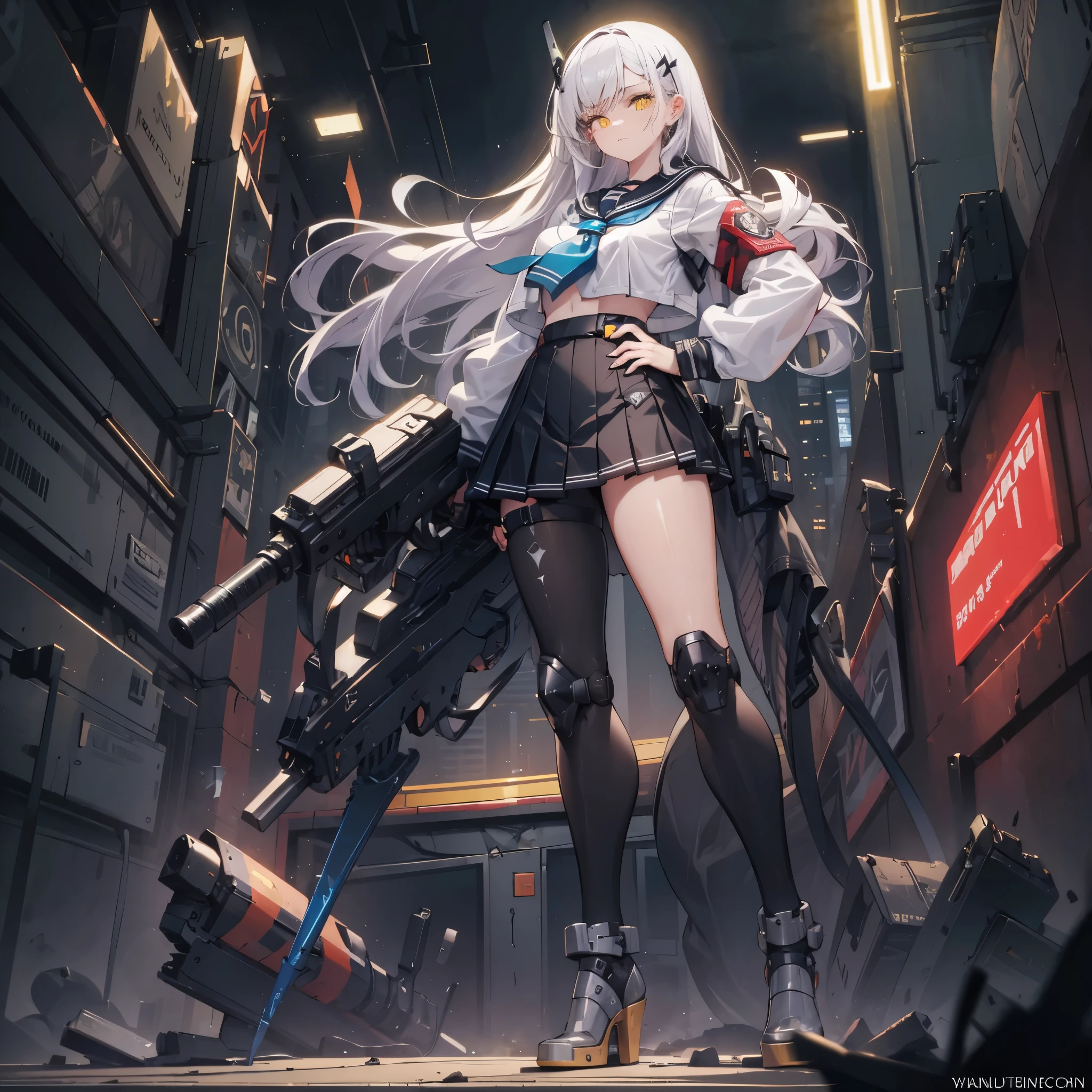 (table top, highest quality), (perfect athletic body:1.2), (thin hair), Super detailed,Close-up of solo female high school student,detail facial,perfect face, Detailed description of the eyes,precise details,Cyberpunk gunman female high school student,Hold a huge rifle,high school uniform(black sailor suit,Jacket,Dock Tags,Attaching the harness,pleated skirt,waist cloak),18-year-old,half up hairstyle, yellow eyes:Luminescence 0.6, with a huge gun(Big size), standing in the wilderness,,destruction,battle scars,wear high-tech boots,(less than two legs,high heels) Equip Cyberpunk Gauntlet(Detailed depiction of fingers,fingertip drawing),8K high resolution, trend art station,action pose, standing in the wilderness, take a pose,dynamic range,