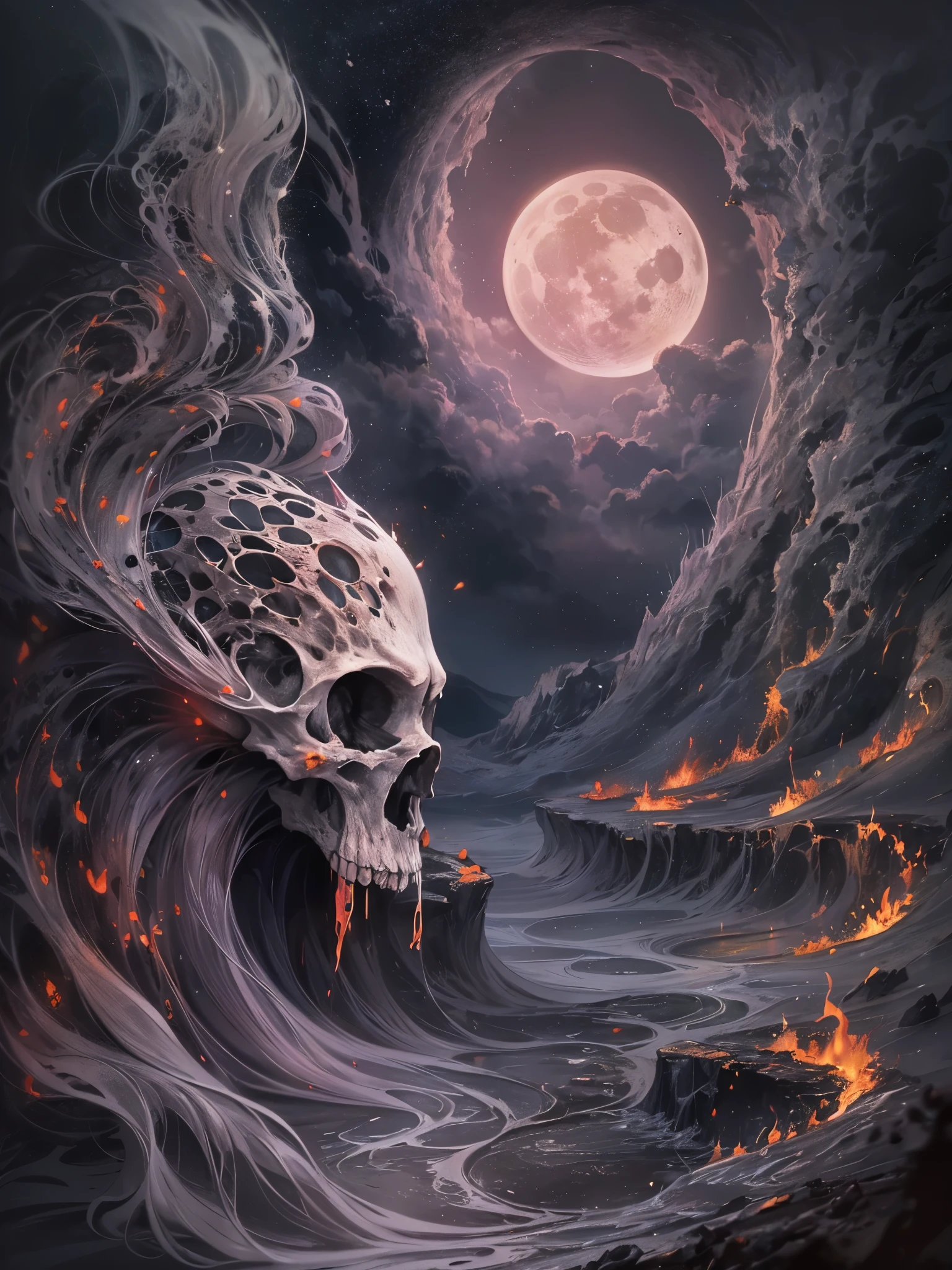 ((highest quality)),(ultra high resolution),(Super detailed),(detailed description),((best CG)),(best work of art),super precision art,amazing drawing art,(Art with precise details:1.5), Place々Magma forms rivers and erodes the earth.。A skull-shaped moon looks coldly down in the sky.。