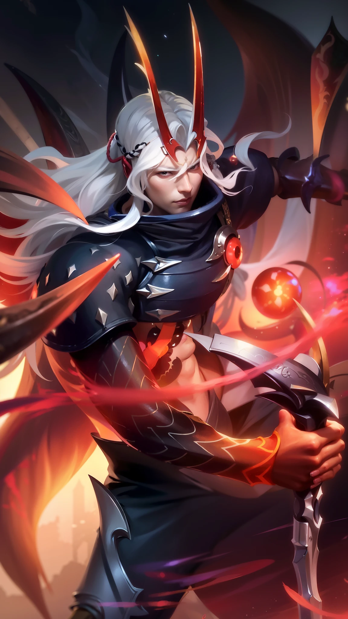 a close up of a person holding a sword and a fire, onmyoji detailed art, onmyoji, heise jinyao, astri lohne, male vampire of clan banu haqim, legendary god holding spear, sylas, splash art, by Yang J, onmyoji portrait, alucard, featured art, beautiful male god of death, white hair.