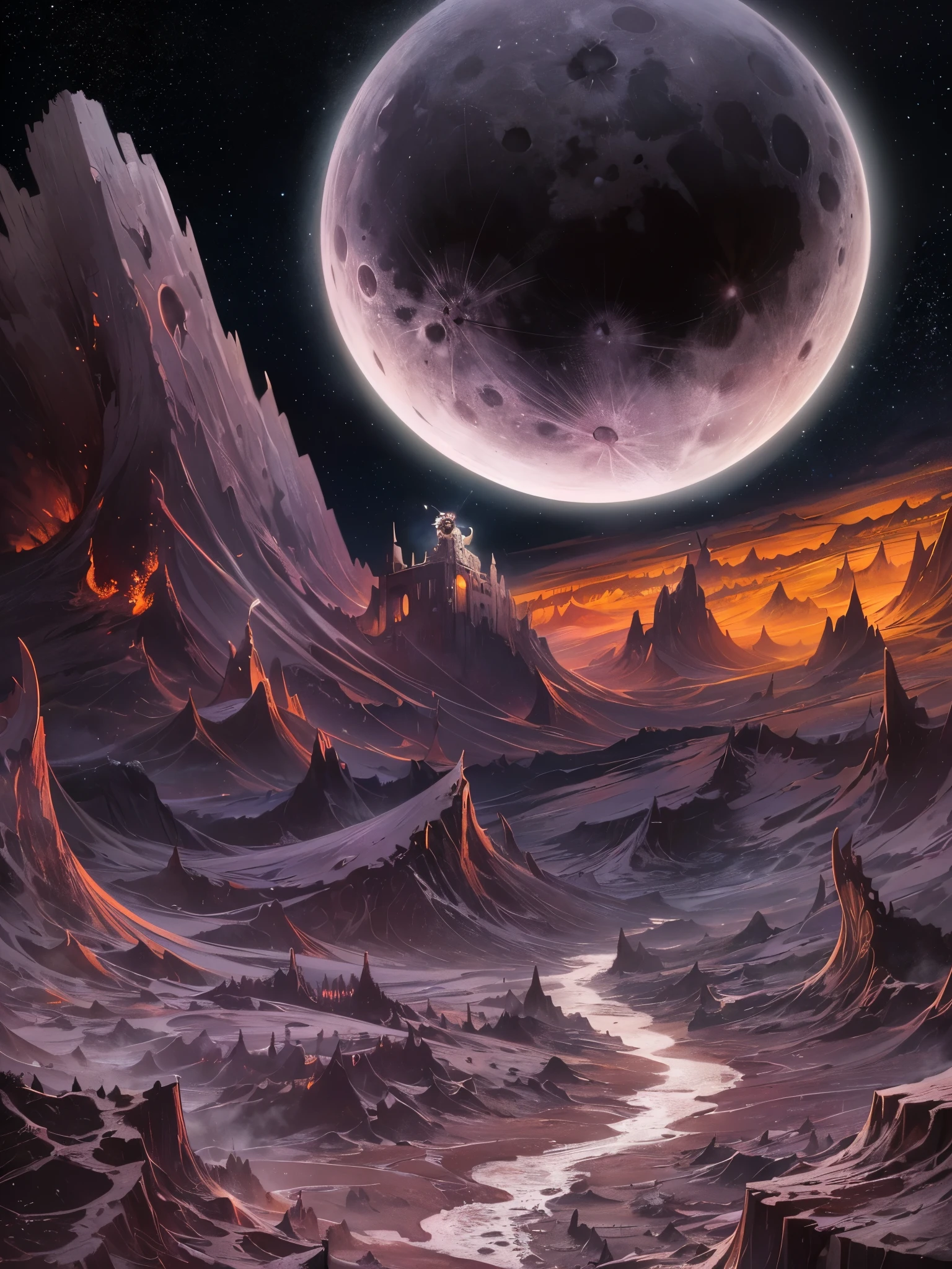 ((highest quality)),(ultra high resolution),(Super detailed),(detailed description),((best CG)),(best work of art),super precision art,amazing drawing art,(Art with precise details:1.5), Place々Magma forms rivers and erodes the earth.。A skull-shaped moon looks coldly down in the sky.。