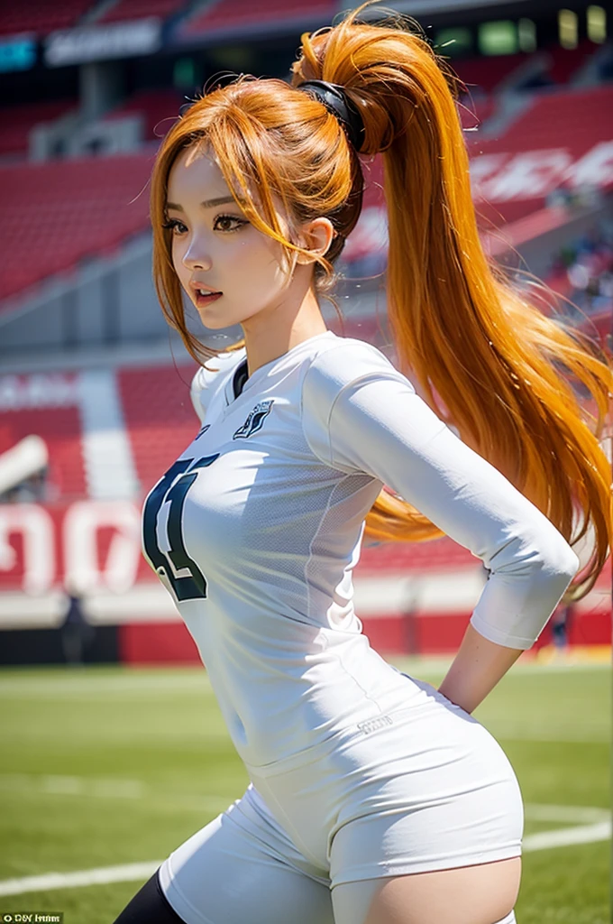 Title: "Jennie's Stunning Football Moment: A Masterpiece in HD"

Description:
In this breathtaking masterpiece, Jennie, the charismatic Kpop idol, is captured in a truly superlative moment as she takes the football field, radiating energy and determination. With her long, radiant yellow hair cascading down her back, she dons a sleek, trendy football uniform that conforms perfectly to her slender, athletic figure. The high-definition photography lighting illuminates her every curve and detail, revealing her flawless, tanned skin and sparkling, bright eyes. The vivid, 16k resolution brings every thread and texture of