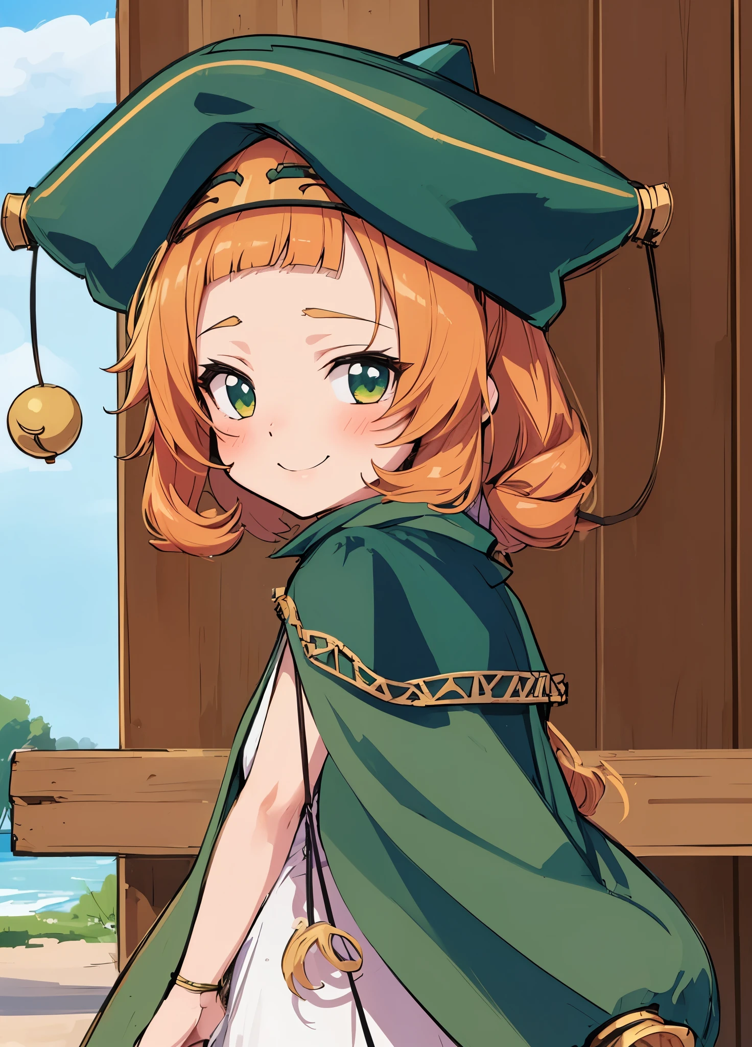 Anime hentai girl, Ruu-Ruu from Kuroinu, wearing a green hat and a cape, smiling