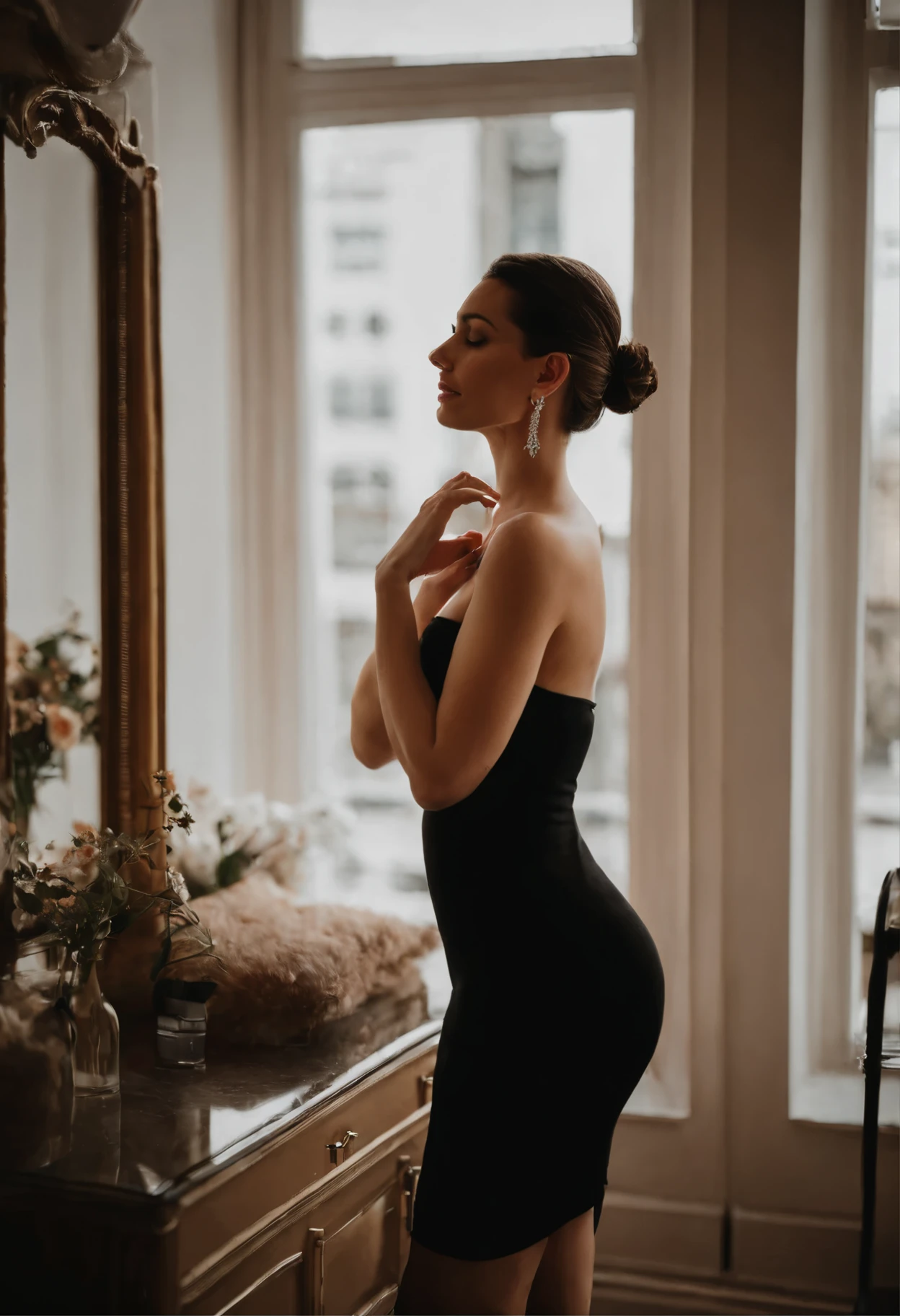 full-body young brunette girl. her hair is light brunette, in a slick bun. she wears tight black strapless dress. she is posing at a mirror (taking a mirror selfie). her face should not be visible i.e. should be hidden behind her iPhone. she has average build and medium sized breasts. she has long diamond earrings. she has a diamond bracelet as well. she is inside of an apartment with lit by sun that comes through windows. the apartment is minimalistic, imagine it located in LA. realistic quality, as if it was taken with iPhone 14. resolution as for an instagram story, portrait oriented
