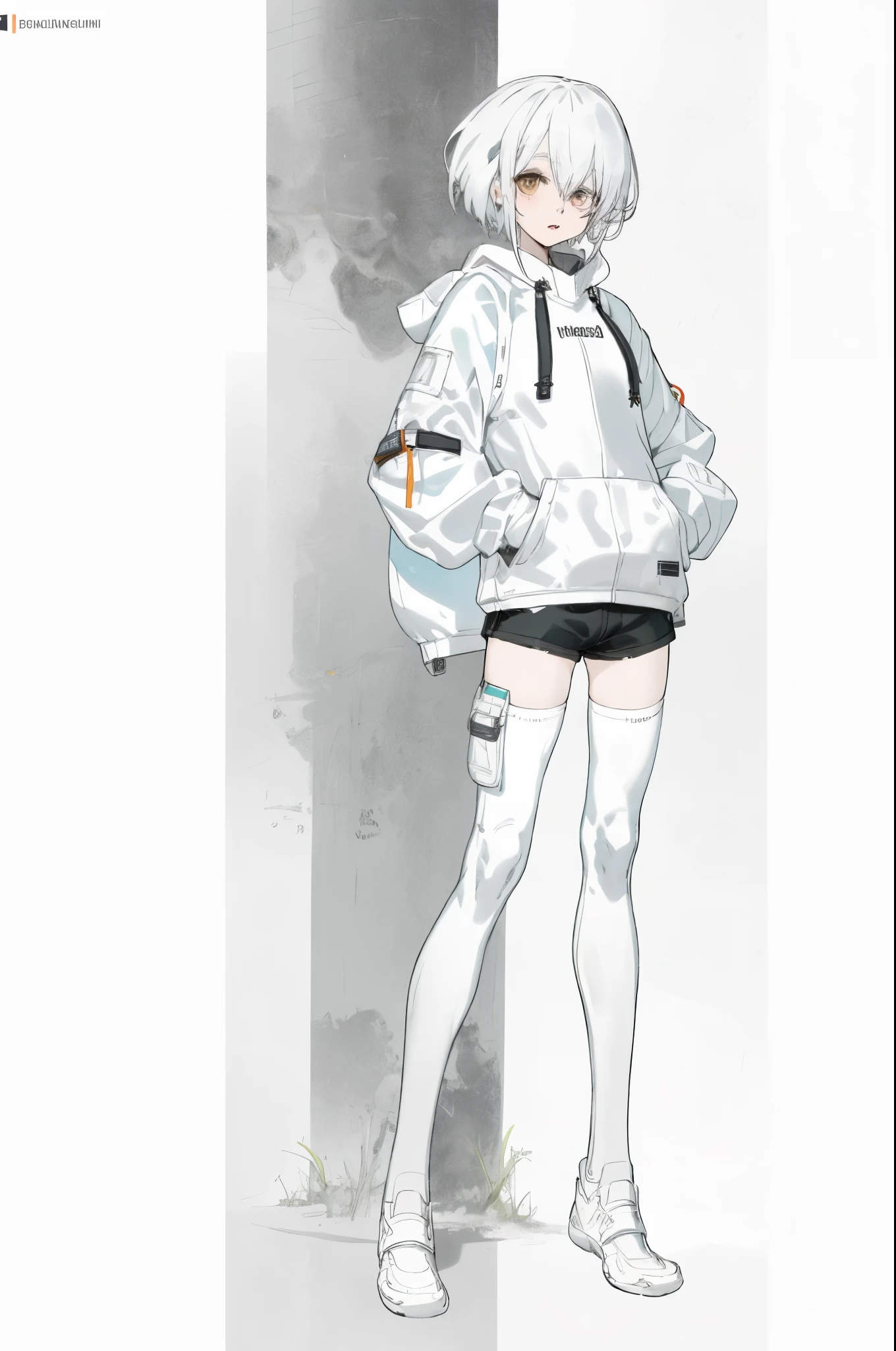 1 girl，solo，White hair，长White hair，White knee-high socks，no shoes，hoodie，shorter pants，Big 