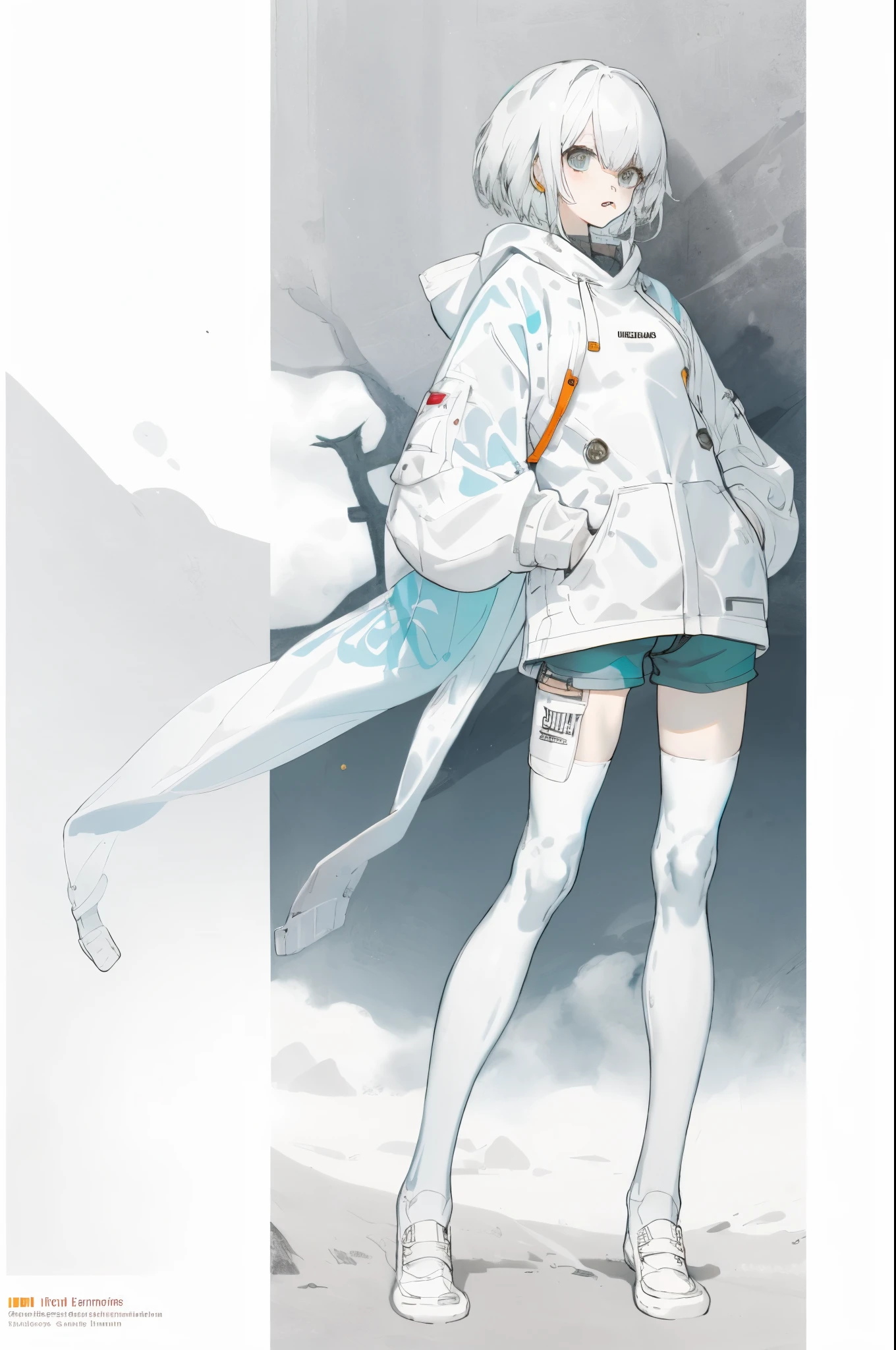 1 girl，solo，White hair，长White hair，White knee-high socks，no shoes，hoodie，shorter pants，Big 