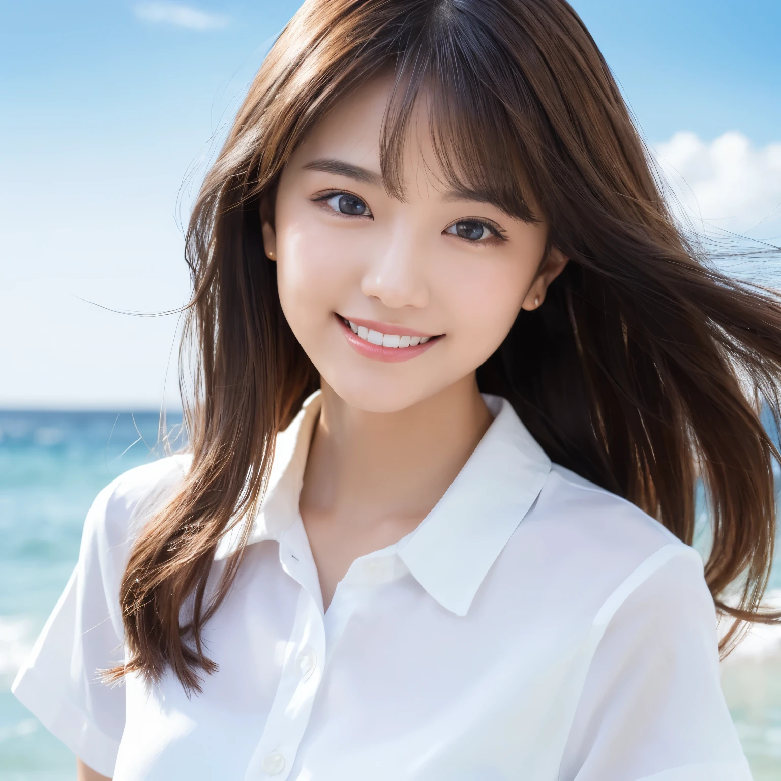 ((of the highest quality、Mesa、8k、Better image quality、very complex and detailed))、(photo of 1 person:1.1)、(Look at me with your best smile:1.1)、(きれいなsandy beach:1.1)、(White polyester high collar short sleeve shirt:1.1)、(The Perfect Short Sleeve Collared Shirt:1.1)、Accentuate the lines of your body、The most natural and perfect seabed、最も澄んだbeautiful sea、(very big breasts:1.1)、(closeup of face:1.2)、glamorous body、hair blowing in the wind、sandy beach、beautiful sea、The clearest and brightest sea、Complex sea glow、The most detailed and realistic ocean.、beautiful seaの詳細が描かれています、(very brightly lit face:1.2)、Ultra High Definition Beauty Face、(Ultra high resolution beautiful and perfect teeth:1.1)、Cabello ultra HD、Ultra HD bright eyes、(Pure white skin glowing in ultra high resolution:1.2)、Super high quality glossy lip.、The cutest gravure pose.、(very bright and vivid:1.2)、(very bright:1.2)、(Very refreshing:1.1)、(Bright and beautiful white skin:1.2)、(very strong exposure:1.2)、(Pure white skin that shines very brightly:1.2)、(very strong highlights:1.2)、(very bright and glowing skin:1.2)、blurred background