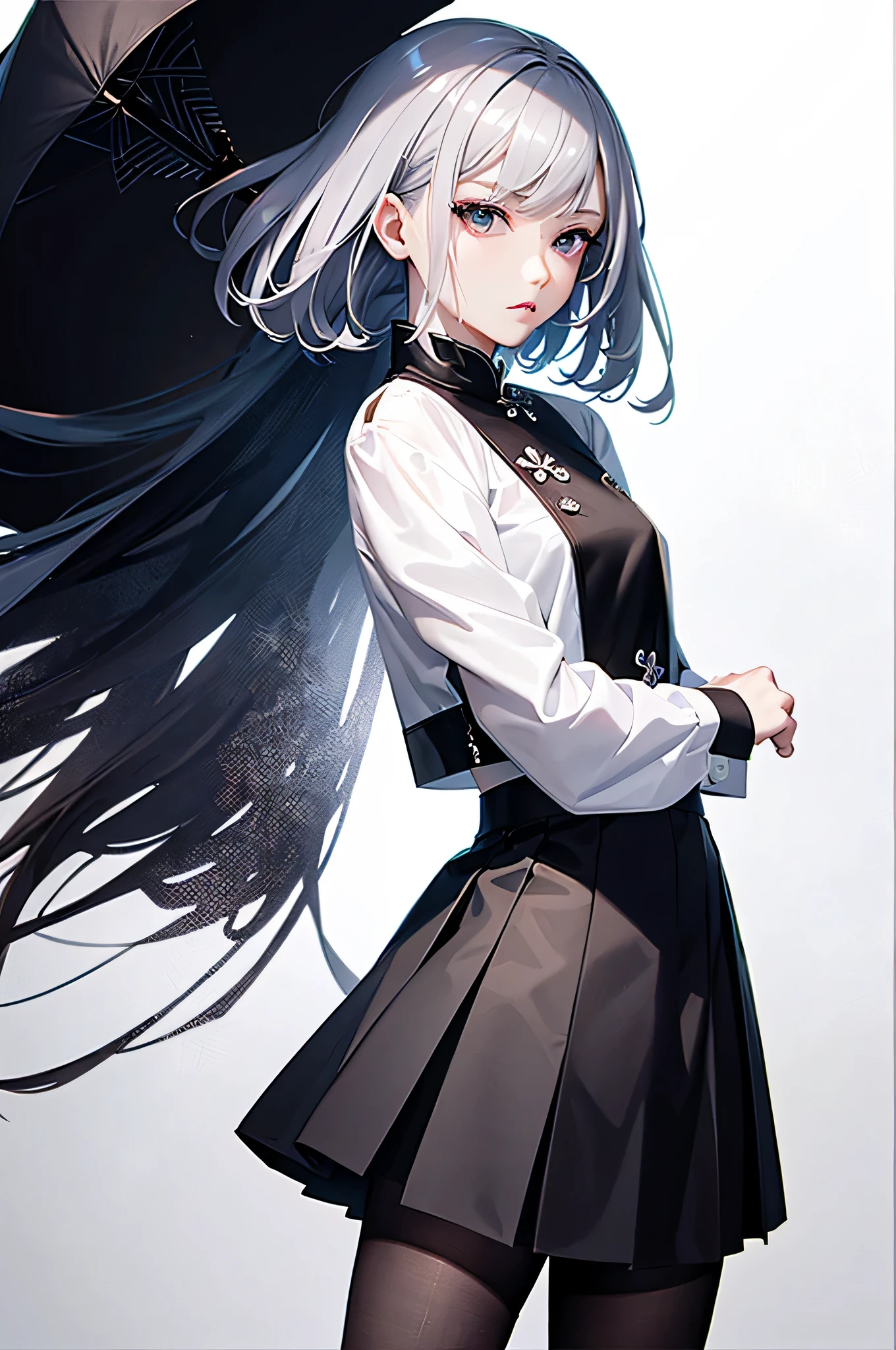 shirt,skirt, ink touch、spring colors, chinese ink drips, artistic painting,1girl, pose, particle, wind, flower, intricate details, thin, ((slim)), beautiful girl, silver hair,dark brown eyes, sharp jawline, cropped jacket, messy hair, lips, upper body, close up, prism、get lost、confusion,pantyhose, beautiful background,shirt,skirt, ink touch、pale colors, chinese ink drips,High Frequency