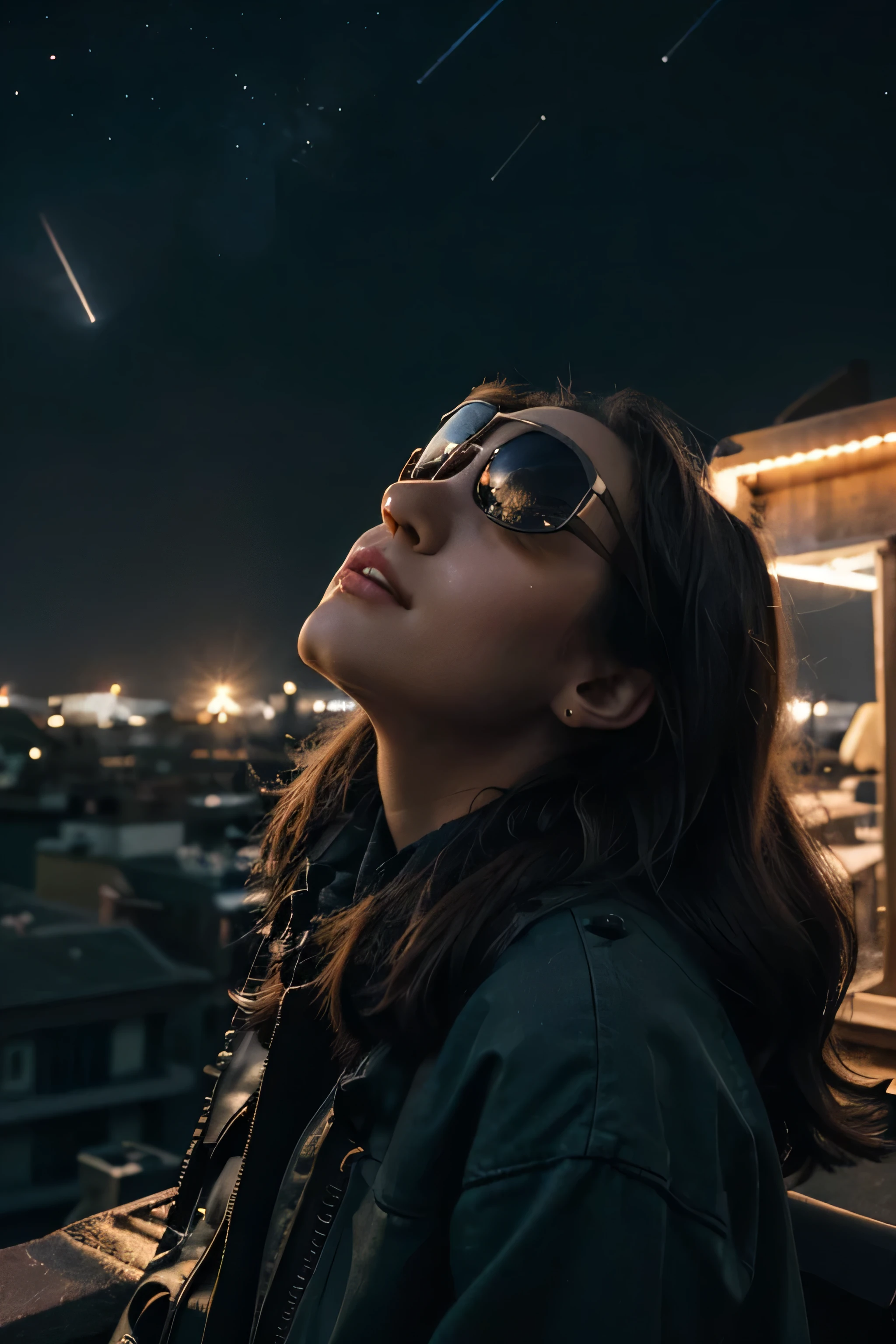 A fashionable girl 18-25 age with a pair of vintage sunglasses stands on a rooftop, gazing up at the stars. She feels a connection to her departed loved ones, knowing they are watching over her from the night sky. The image is rendered in a retro, nostalgic style, with muted colors and a grainy texture. looking up at the stars.