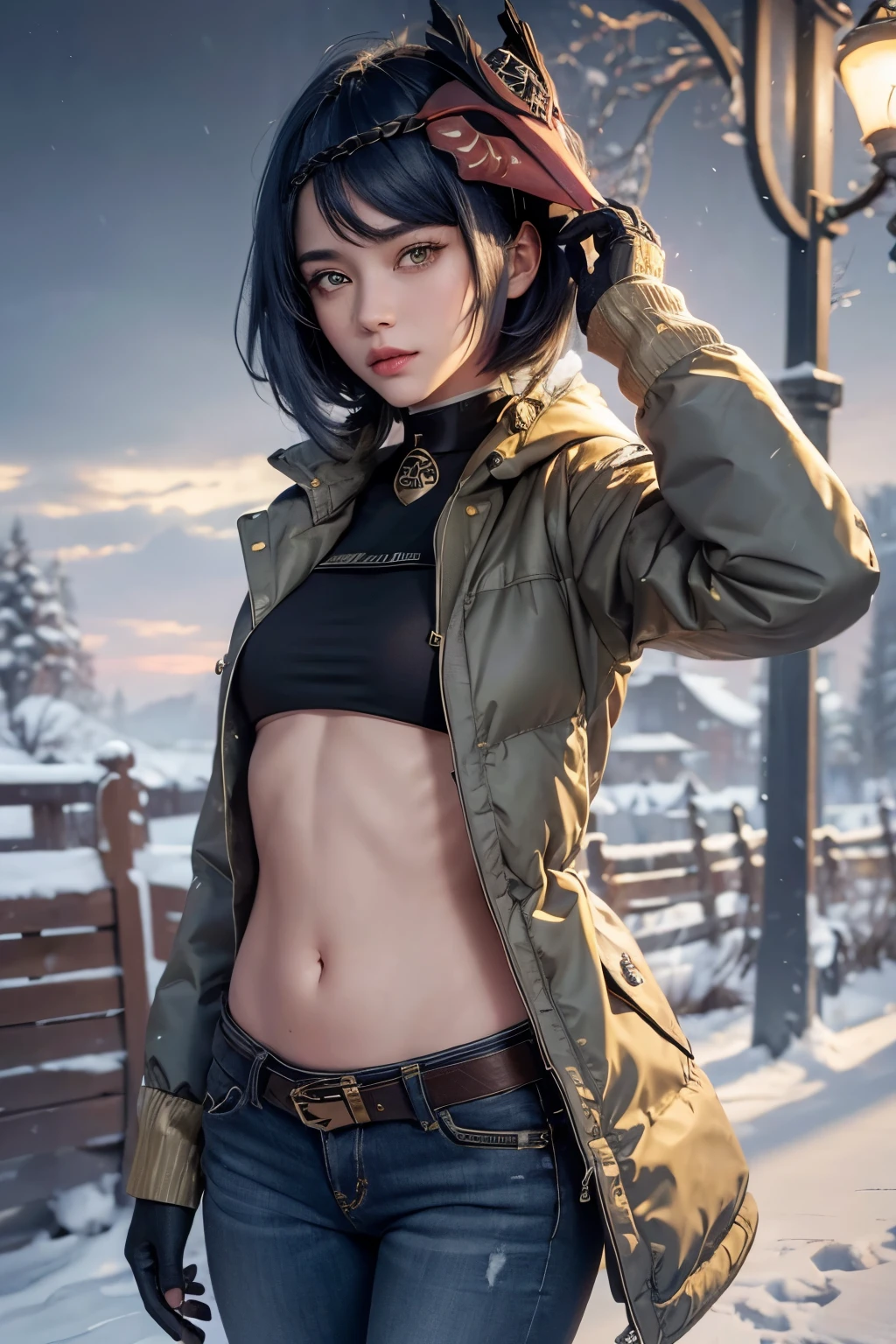 (Long sleeved puffer parka, long jeans, gold belt), ((midriff, navel)), looking at viewer, garden, snow, ((cinematic lighting, masterpiece, anatomically correct, detailed textured skin, high details, highres, HD, 4K, 8k)), (kujou sara:1.3), mask on head, blue hair, short hair, yellow eyes