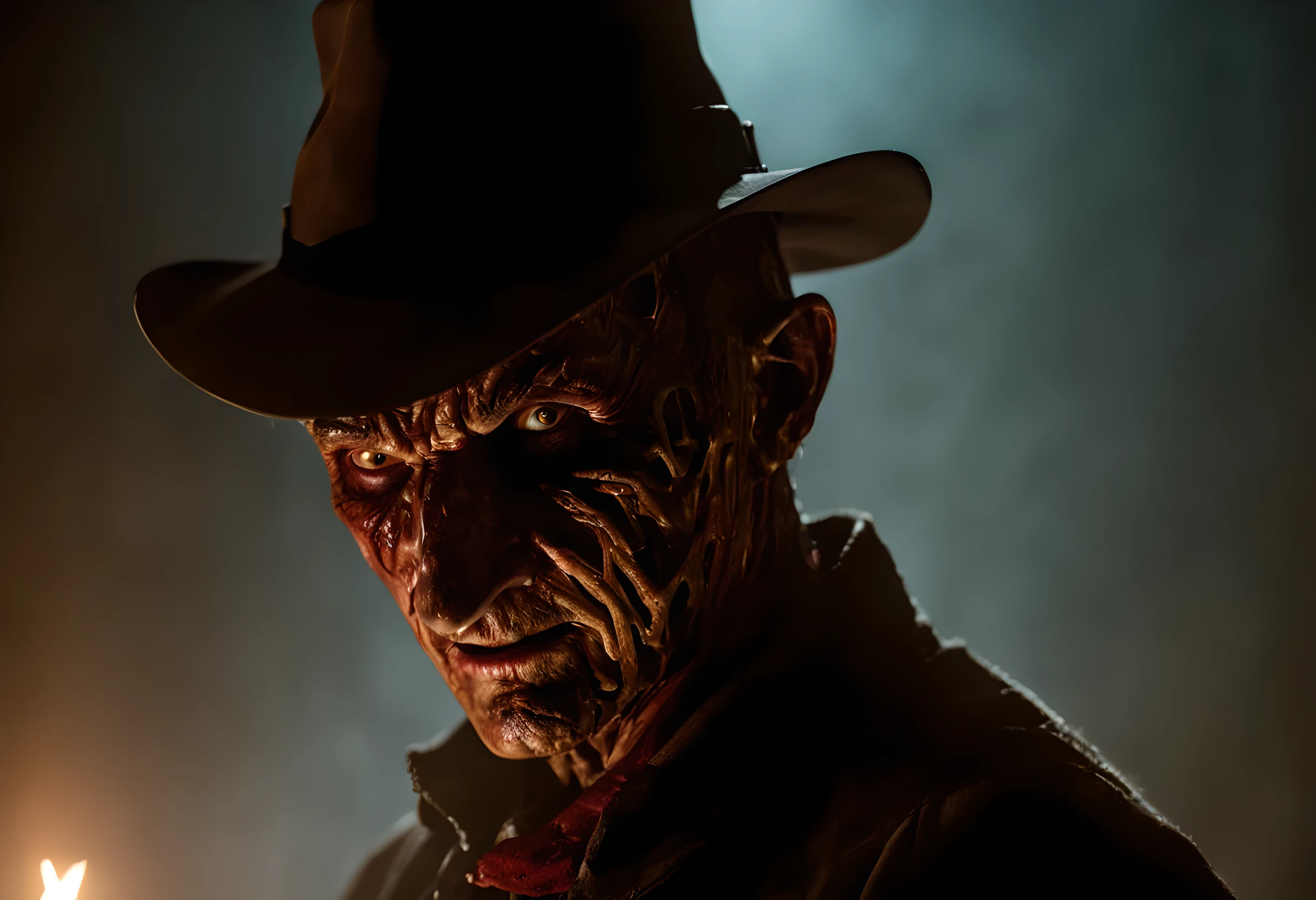 Describe a Freddy Krueger con su atuendo original., Sentado en un trono, Pensando en el futuro, spooky alley. (Calidad premium, 8K, 32k, Obra maestra, nffsw:1.3), (Ultra High Definition), (fotorrealista:1.4), raw photography, ojos perfectos, figura perfecta, action pose:1.2, Super detailed and realistic lights.. Su sombrero de ala ancha proyecta una sombra siniestra sobre su rostro quemado y desfigurado., mientras las afiladas hojas de sus dedos brillan con una luz siniestra. The air is thick with tension and palpable fear....., mientras Freddy mira hacia adelante con una sonrisa malvada, Ready to stalk his next victim in the dark....