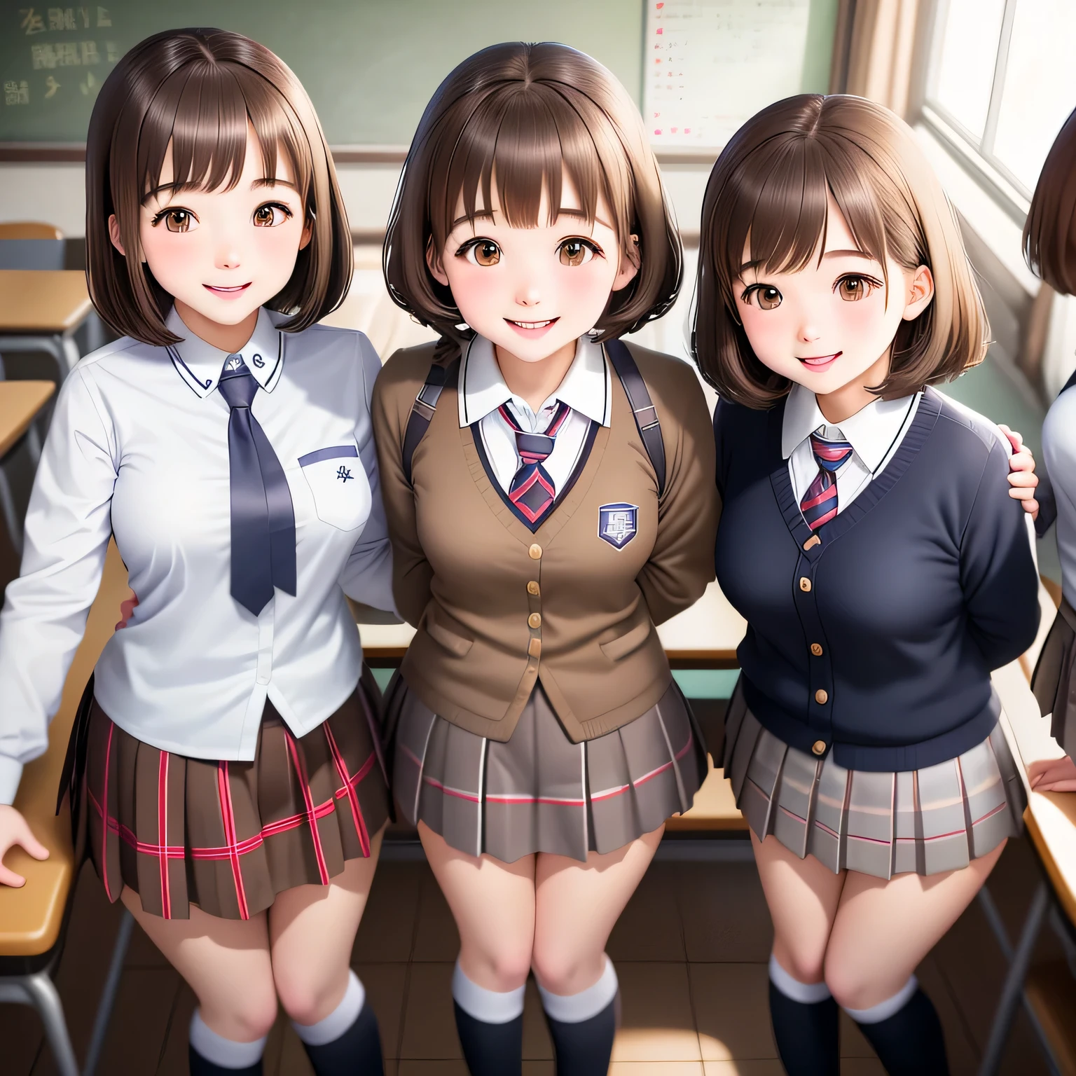 uniform、knee high socks、brown hair、short hair、cute face、classroom、girls high school uniform、Commemorative photo with four high school girls、tight uniform、plaid skirt、white shirt、tie、lady lady、smile、buckshot、think back、