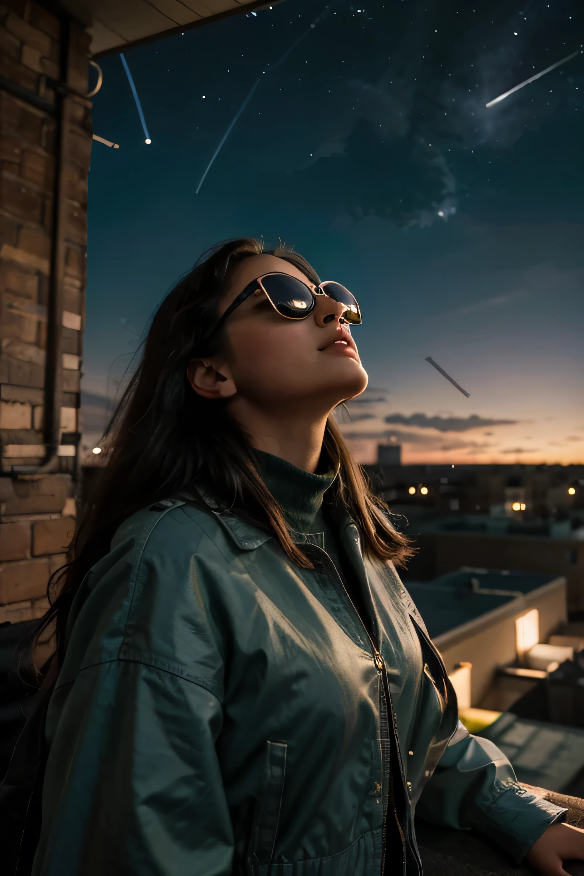 A fashionable girl 18-25 age with a pair of vintage sunglasses stands on a rooftop, gazing up at the stars. She feels a connection to her departed loved ones, knowing they are watching over her from the night sky. The image is rendered in a retro, nostalgic style, with muted colors and a grainy texture. looking up at the stars. stands on a rooftop, looking up at the stars