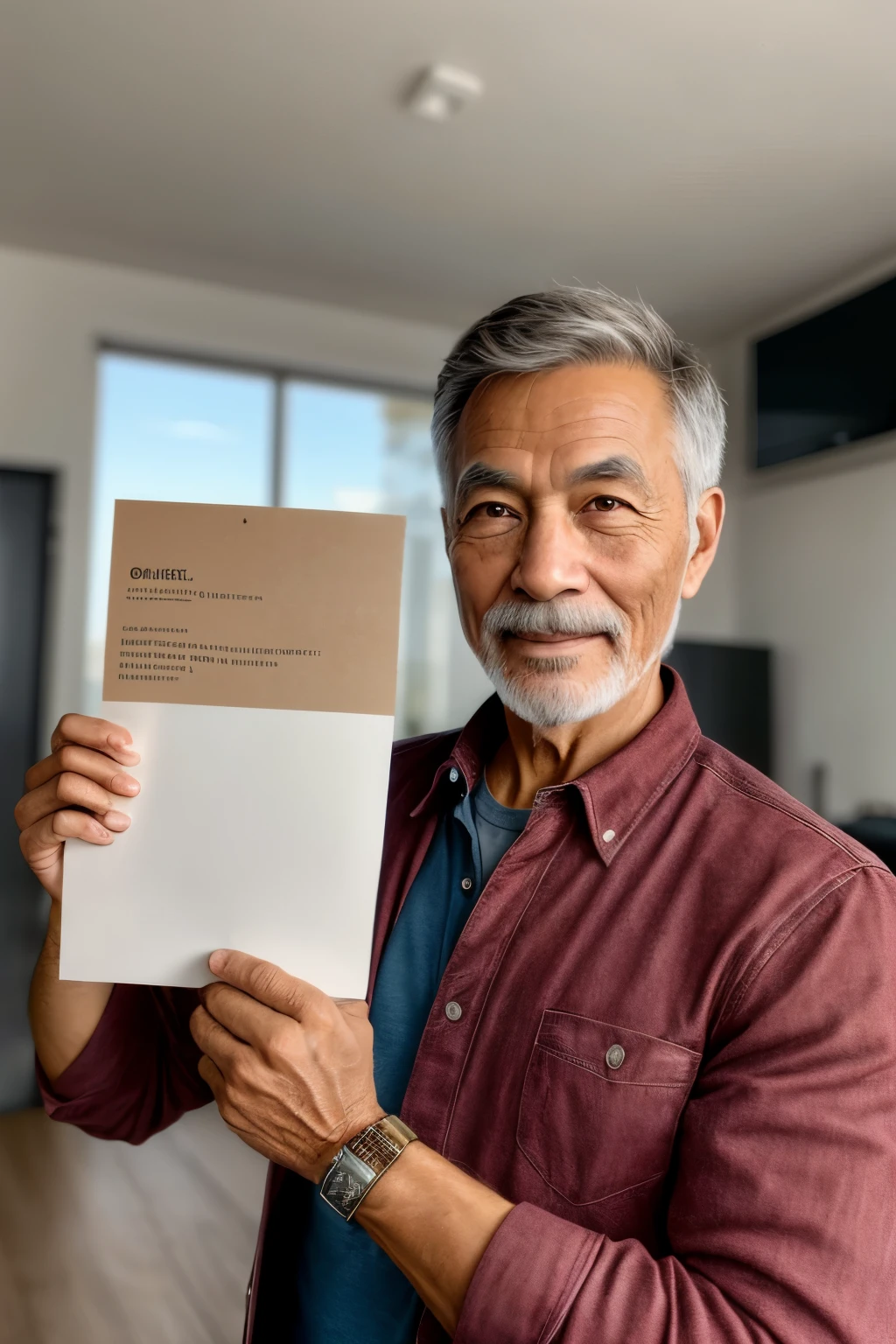 (Realistic style, high quality, professionally taken photo) -- A man holding a piece of paper, realism, real, good lighting, fine grain texture, authentic skin tones, crisp and clear, well-balanced exposure, intricately detailed, sharpening adjustments applied for added clarity, professional composition and framing.