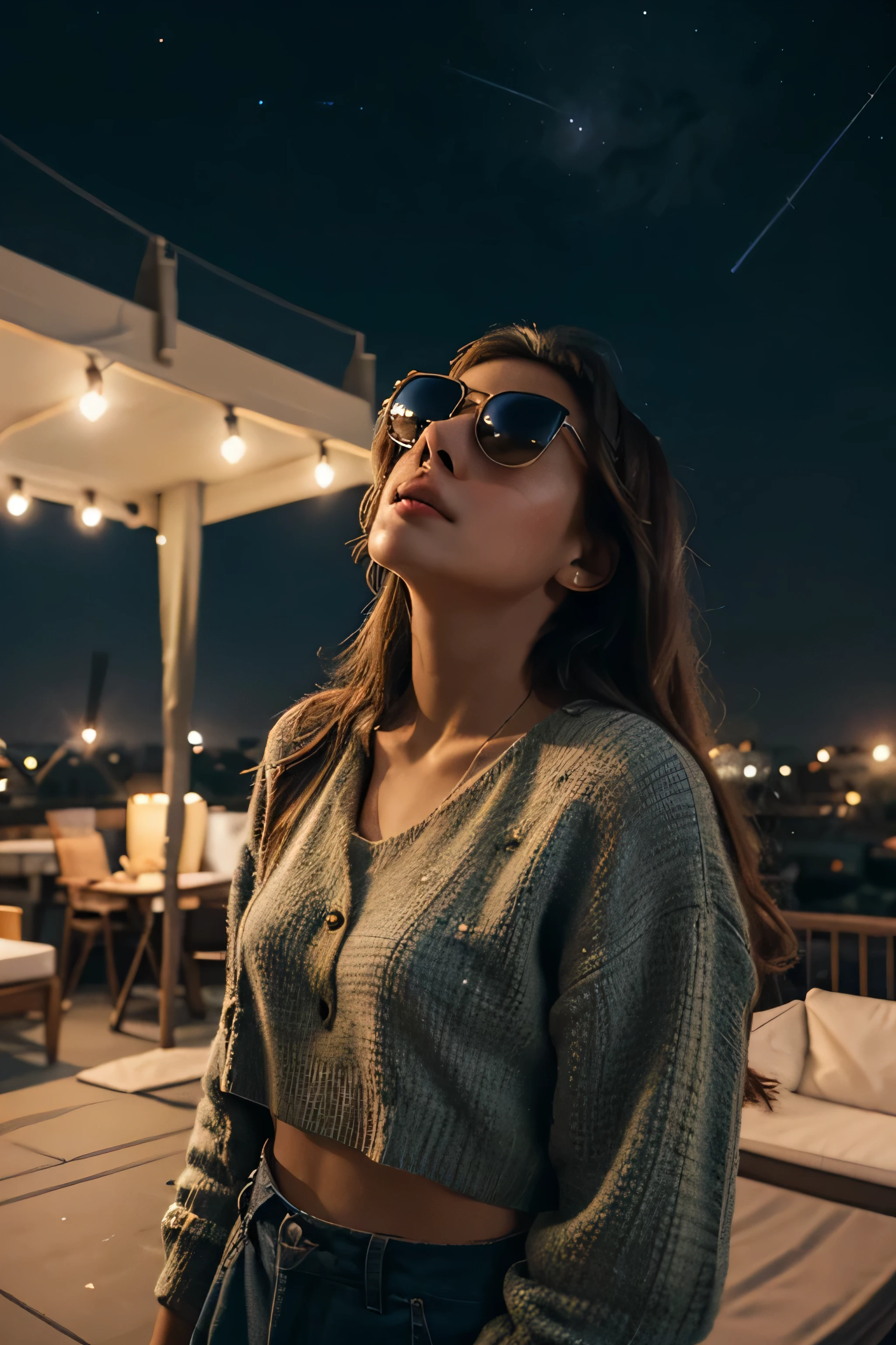 A fashionable girl 18-25 age with a pair of vintage sunglasses stands on a rooftop, gazing up at the stars. She feels a connection to her departed loved ones, knowing they are watching over her from the night sky. The image is rendered in a retro, nostalgic style, with muted colors and a grainy texture. looking up at the stars. stands on a rooftop, looking up at the stars