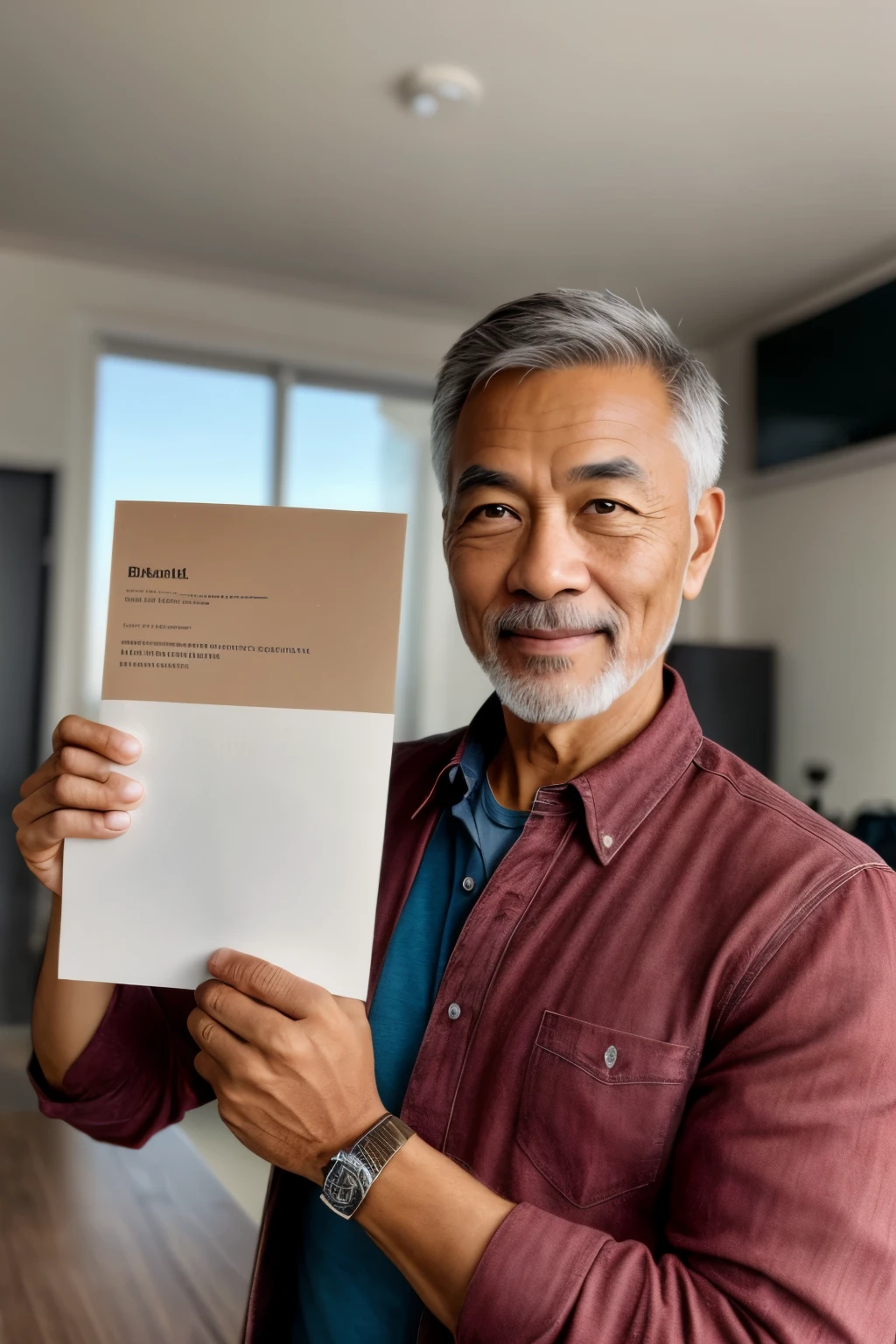(Realistic style, high quality, professionally taken photo) -- A man holding a piece of paper, realism, real, good lighting, fine grain texture, authentic skin tones, crisp and clear, well-balanced exposure, intricately detailed, sharpening adjustments applied for added clarity, professional composition and framing.