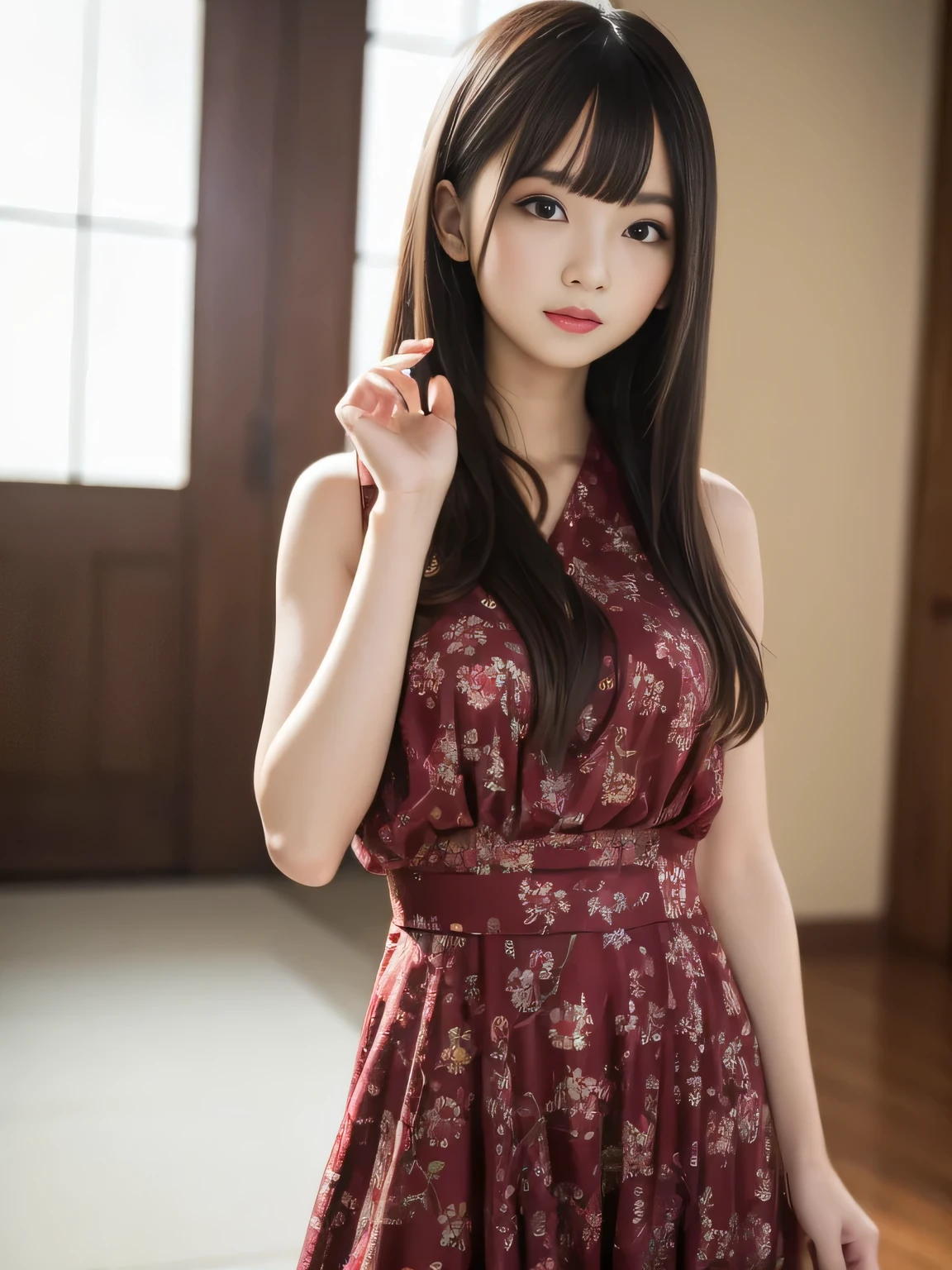 ultra high resolution、super high quality、8k、Detailed details、great expression、1 female、Tall and slender woman、small breasts、long brown curly hair、Red satin see-through dress with luxurious hair ornaments、luxury hotel dance party background、