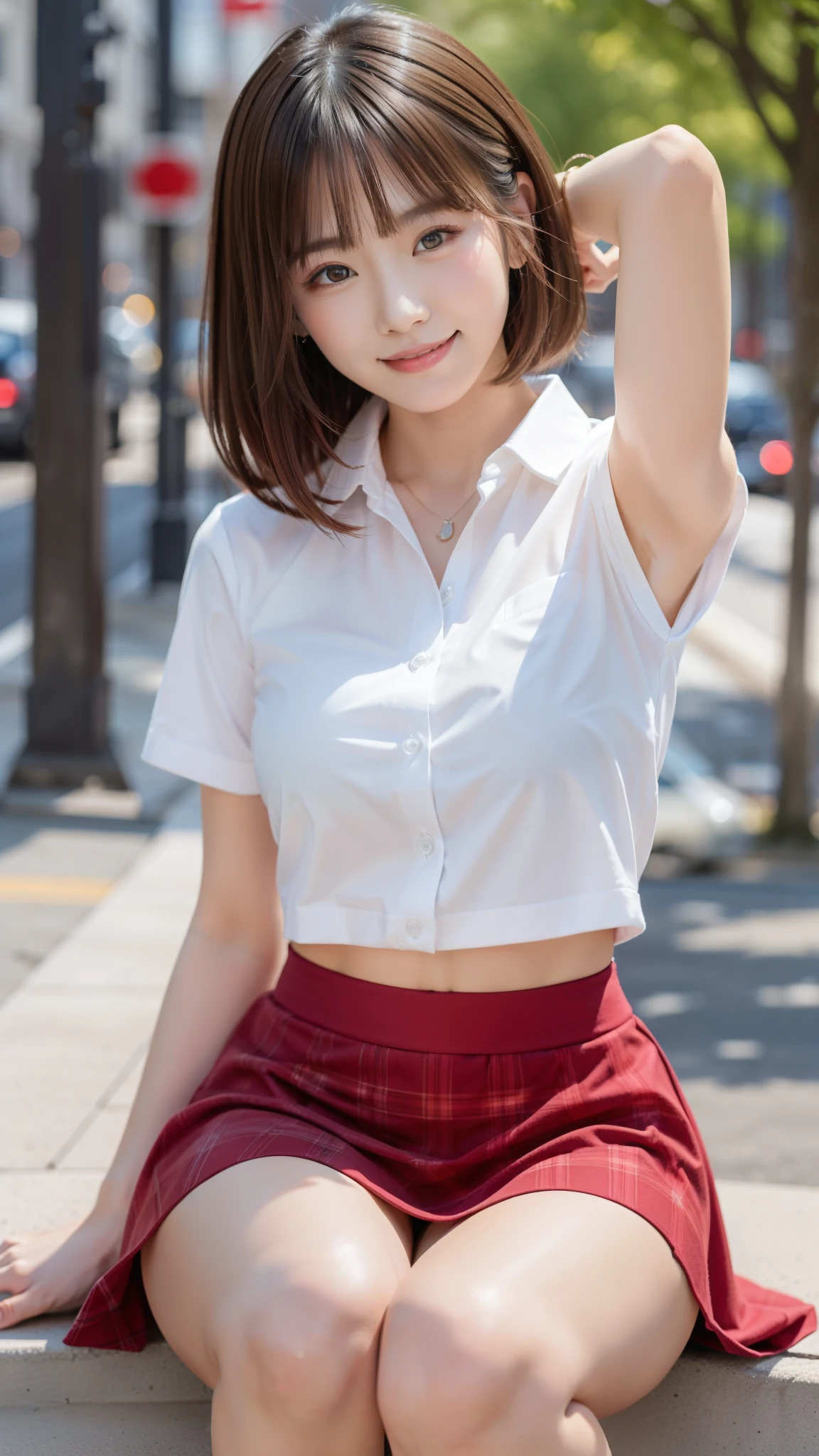 Photo taken by a professional photographer,laughter:1.5,Close-up of a woman squatting on the sidewalk, wearing a sweater, short cut brown hair, young and cute girl, Wearing a flared skirt,you can see her little white panties:1.5,Wear stylish boots,sit on a park bench:1.5,Flashy makeup with red eyeshadow,