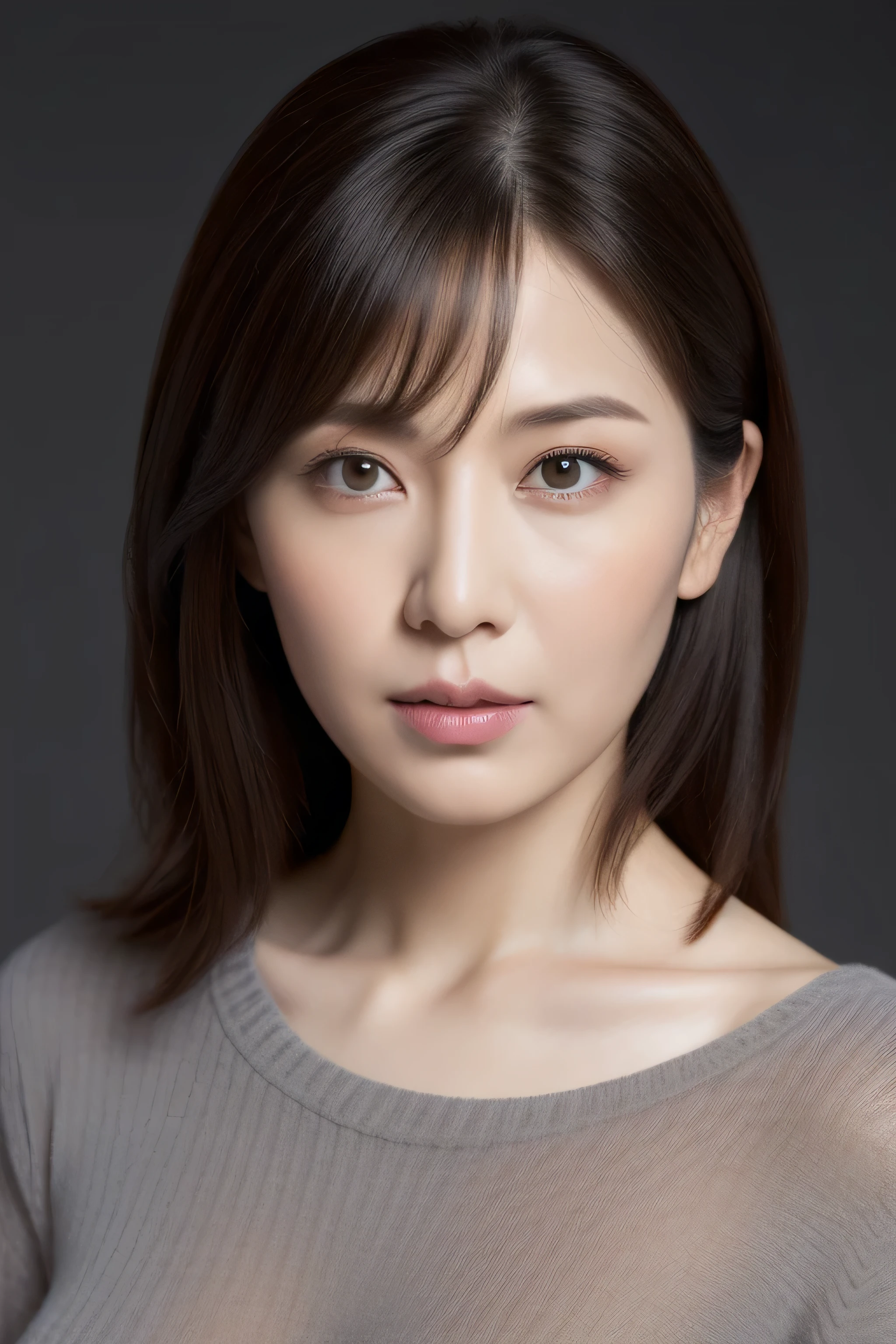 ultra high resolution, masterpiece, rough skin, very detailed, Photoreal, professional lighting, Depth of written boundary, sharp, (gray background), (Front view:1.2),(japanese mature, 38 year old woman is sexy:1.0), detailed face, beautiful eyes, bangs, good shape big breasts, light brown straight hair, faint lips, (Catch Eye:1.3),((stand in front、look at the audience, serious face eyes,)), (thin sweater:1.0), theta, full body photo, cowboy shot,