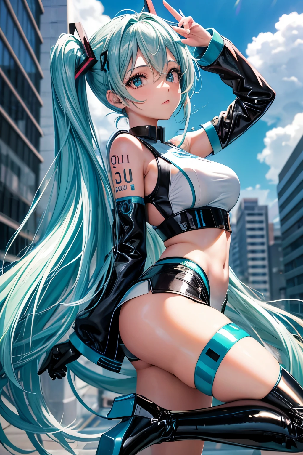 uma garota, cabelo azul claro, Cabelo estilo Hatsune Miku, olhos azuis, 20 anos de idade, Em Berlim, cidade moderna, melhor qualidade, obra de arte, Seios Grandes, uniforme policial, saia preta latex, top latex, uniforme da policia