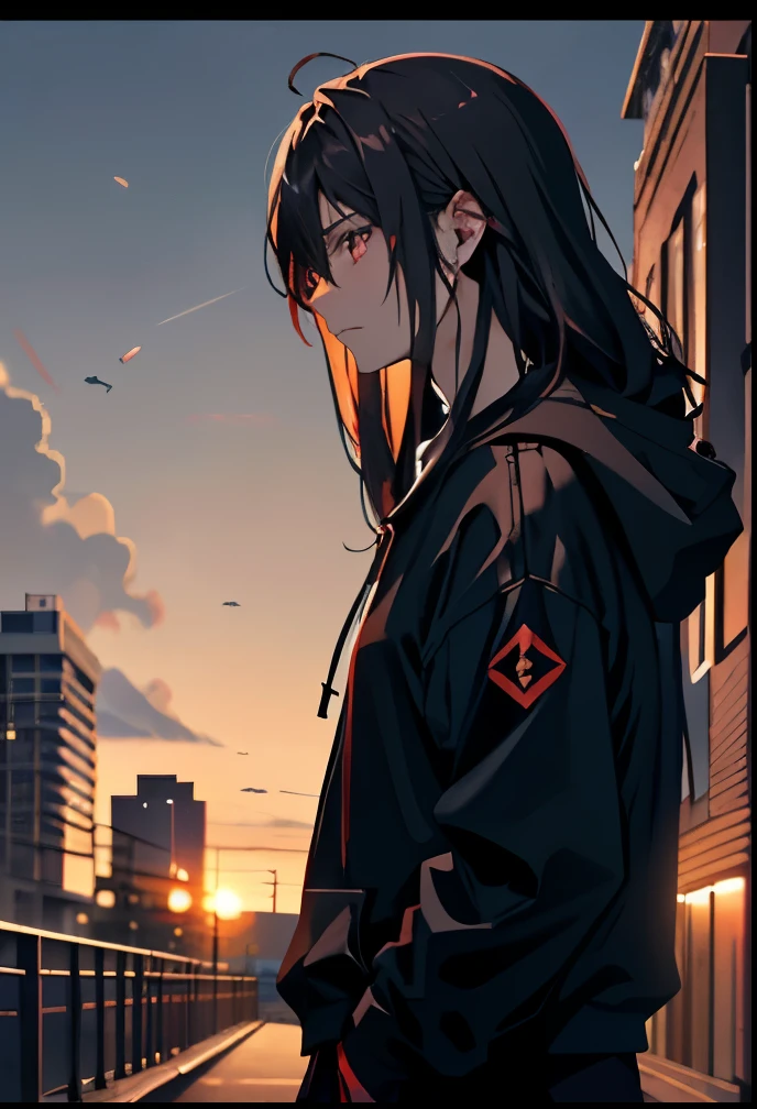 a beautiful boy 、I&#39;m walking with my hands in my hoodie pockets、wearing a black hoodie、black hair、look up at the distant sky、high resolution、Sorrowful、Kaworu Nagisa、red eyes、alone、solo、long hair、sunset、look down、horizontal scroll、A man walking showing his profile