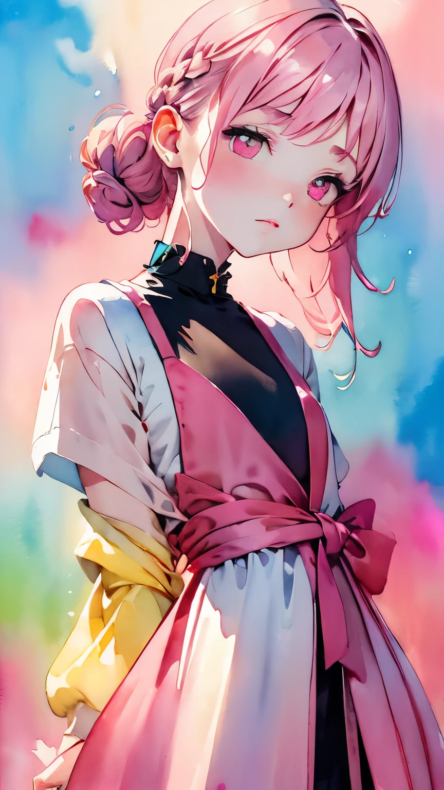 (((Bright colored watercolor style background:1.2)))、one girl、16talent、anatomy、small face、small、small鼻、Pale pink eyes、Loosely braided low ponytail、light pink hair、small breasts、black dress open neck dress、random pose、highest quality、High resolution、High resolution、cinematic lighting、professional photographer、
