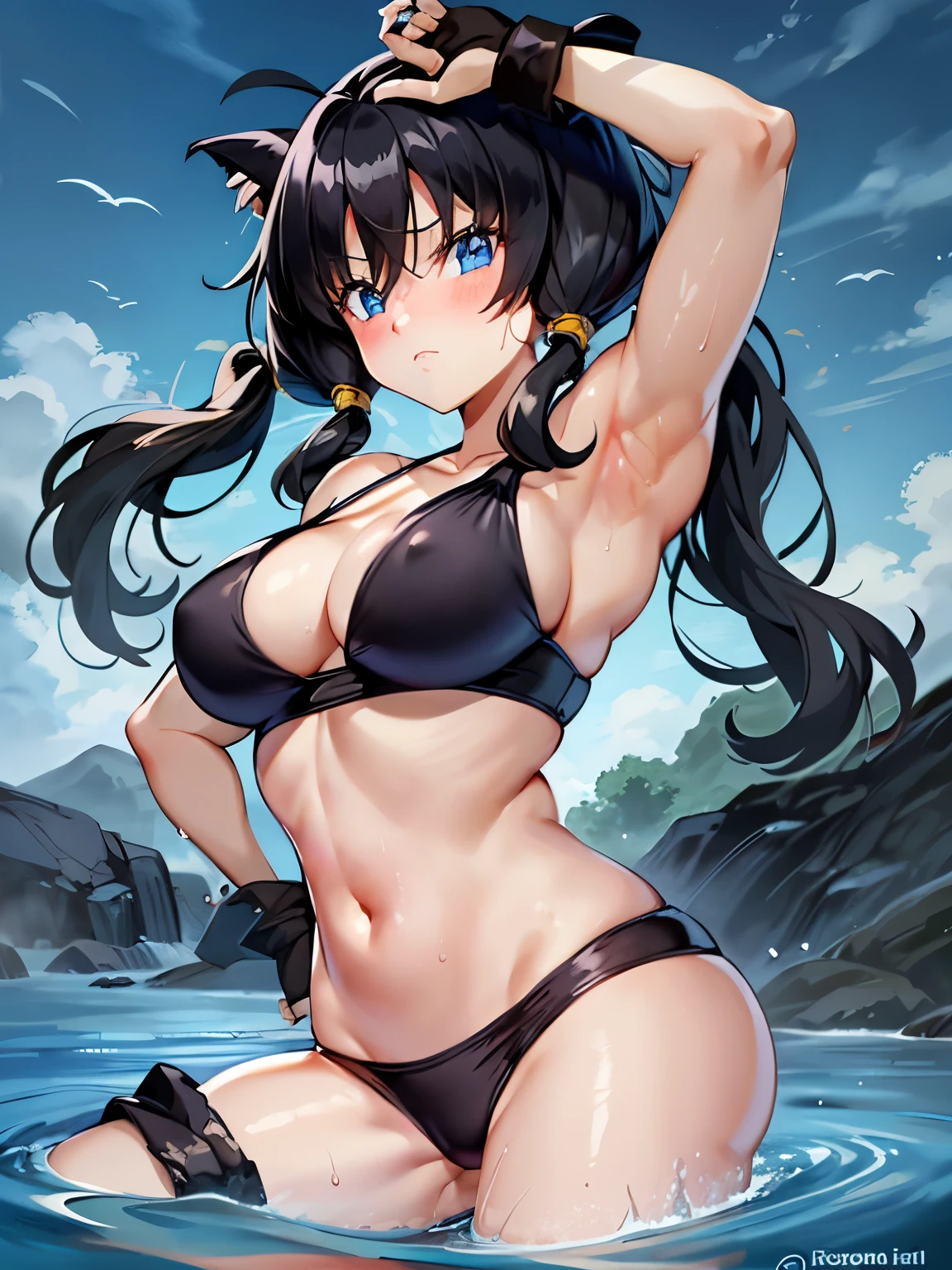 masterpiece, highest quality, High resolution, girl,saw 2, blue eyes, black hair, Low twintails and short cut, medium breasts, frown,blush, Sweat,girl1名, black tight suit, streak,Arms raised high and tied with a rope,hanging suspended in the air,looking at the viewer。Bottomless swamp,the sky is cloudy,The water surface is black and murky,