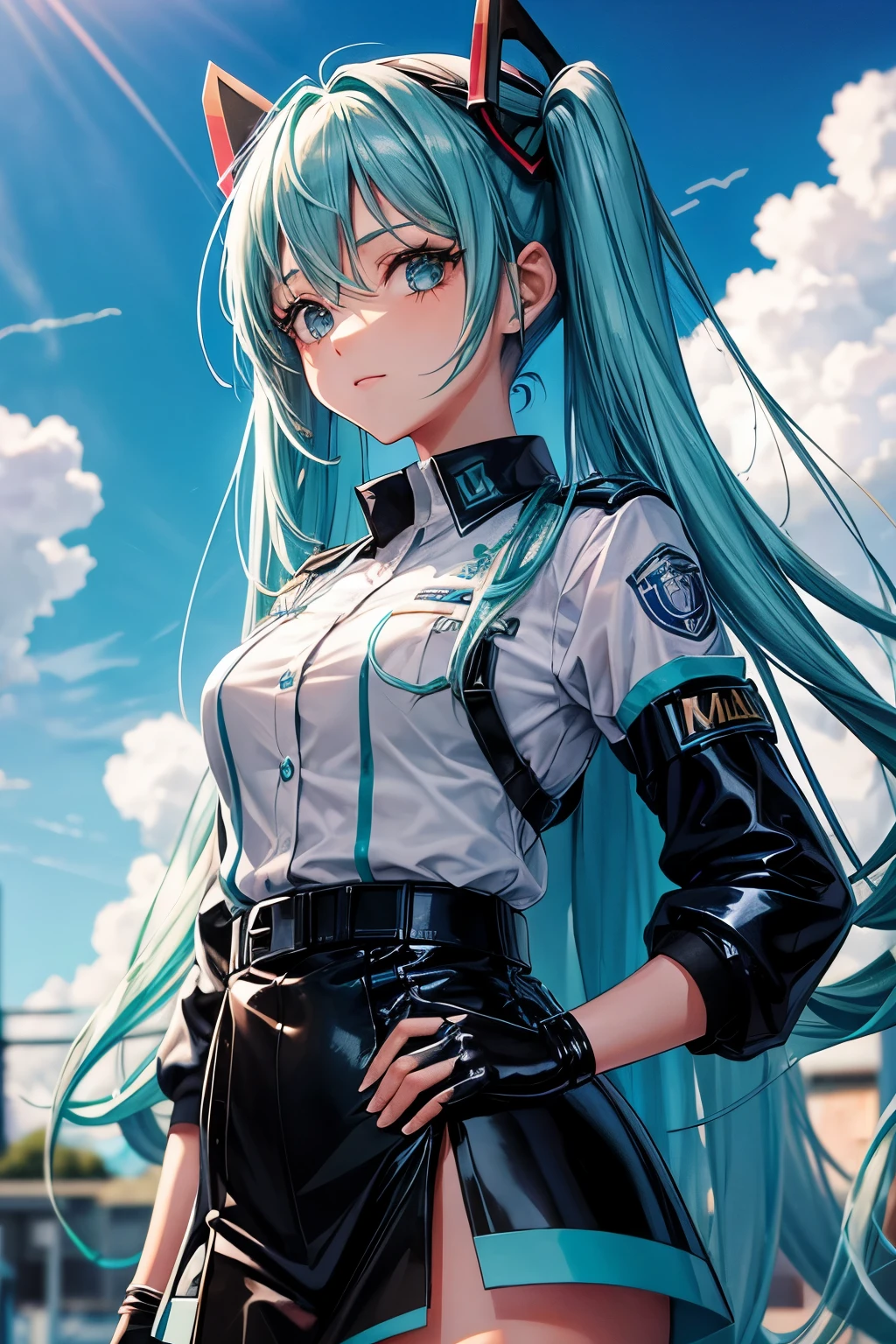 uma garota, cabelo azul claro, Cabelo estilo Hatsune Miku, olhos azuis, 20 anos de idade, Em Berlim, cidade moderna, melhor qualidade, obra de arte, Seios Grandes, uniforme policial, saia preta latex, top latex, uniforme da policia