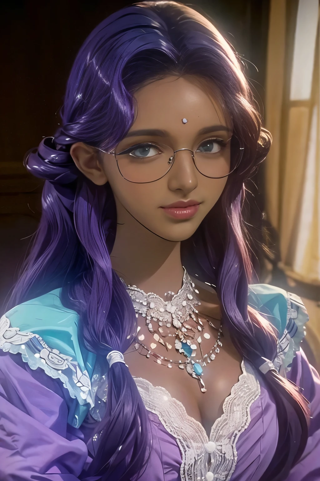 (masterpiece, best quality:1.2),long hair，Eyes are exquisite and exquisite,Exquisite white hair color，Pink lace suspender dress，glowing skin，dark skin，wear glasses ，pastel tones，（（（masterpiece）））， （（best quality））， （（intricate details））， （（Surreal））