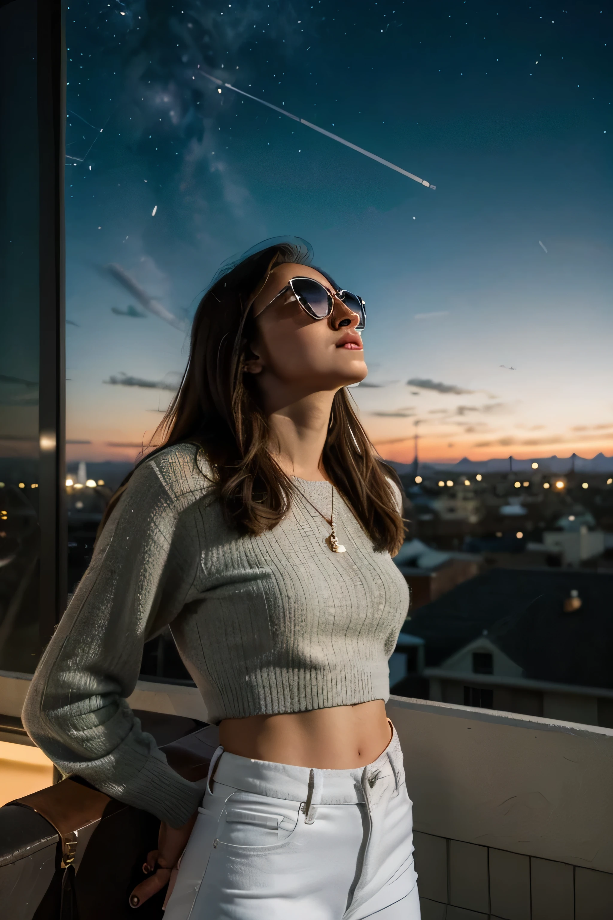 A stylish girl 18-25 age, white jeans, with a pair of vintage sunglasses stands on a rooftop, gazing up at the stars. She feels a connection to her departed loved ones, knowing they are watching over her from the night sky. The image is rendered in a retro, nostalgic style, with muted colors and a grainy texture. looking up at the stars. stands on a rooftop, looking up at the stars