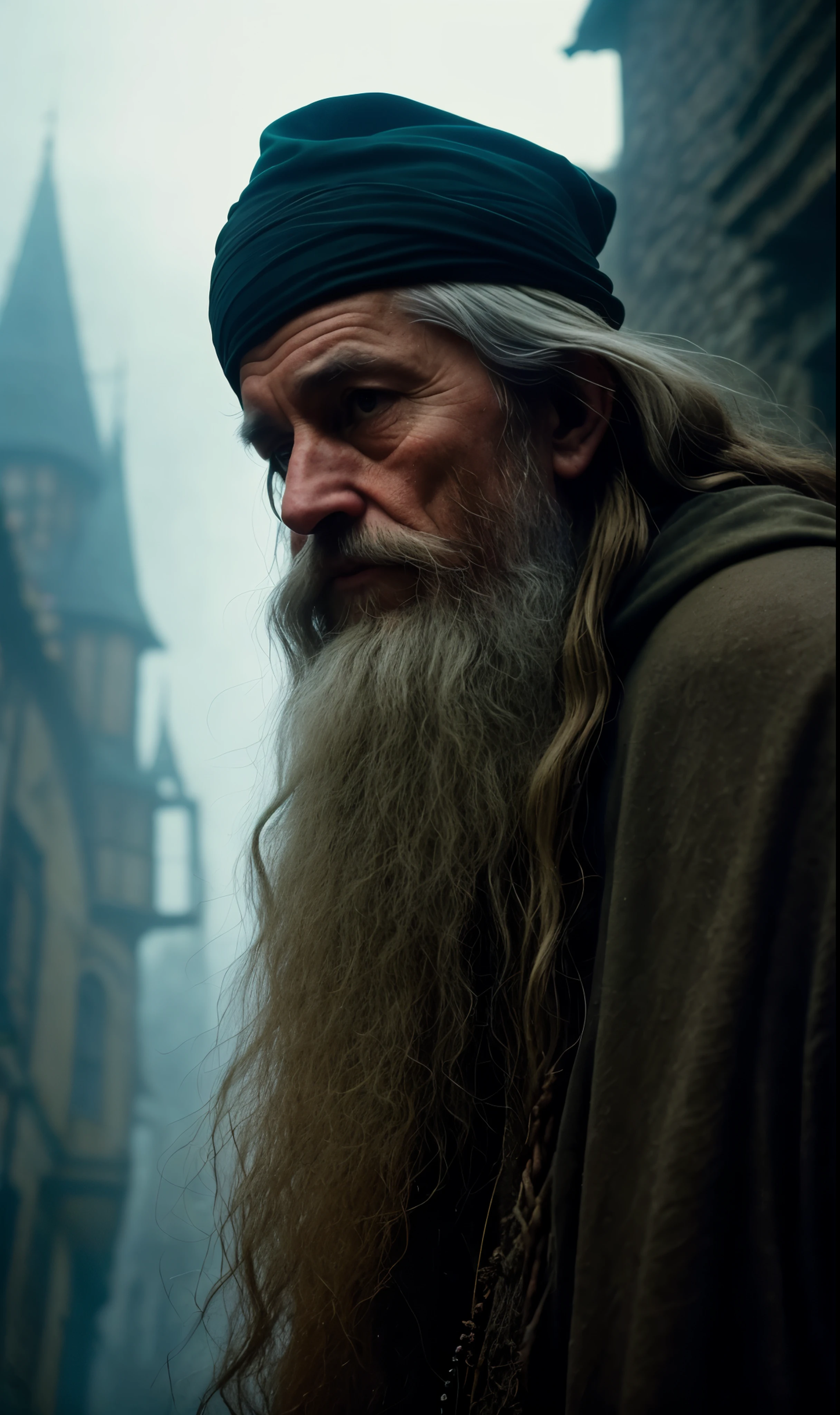 abstract colors, texture, film grain, skin pores:0.1 hasselblad dslr RAW photo, backlit intricate dramatic portrait of an old bearded wizard casting a spell, standing on medieval fantasy city (cobblestone street)1.2, foggy morning, shannara chronicles lotr gandalf hobbit willow concept art anna dittmann magali villeneuve marc simonetti, cinematic movie still frame, (analog style)1.3 (film grain)1.3