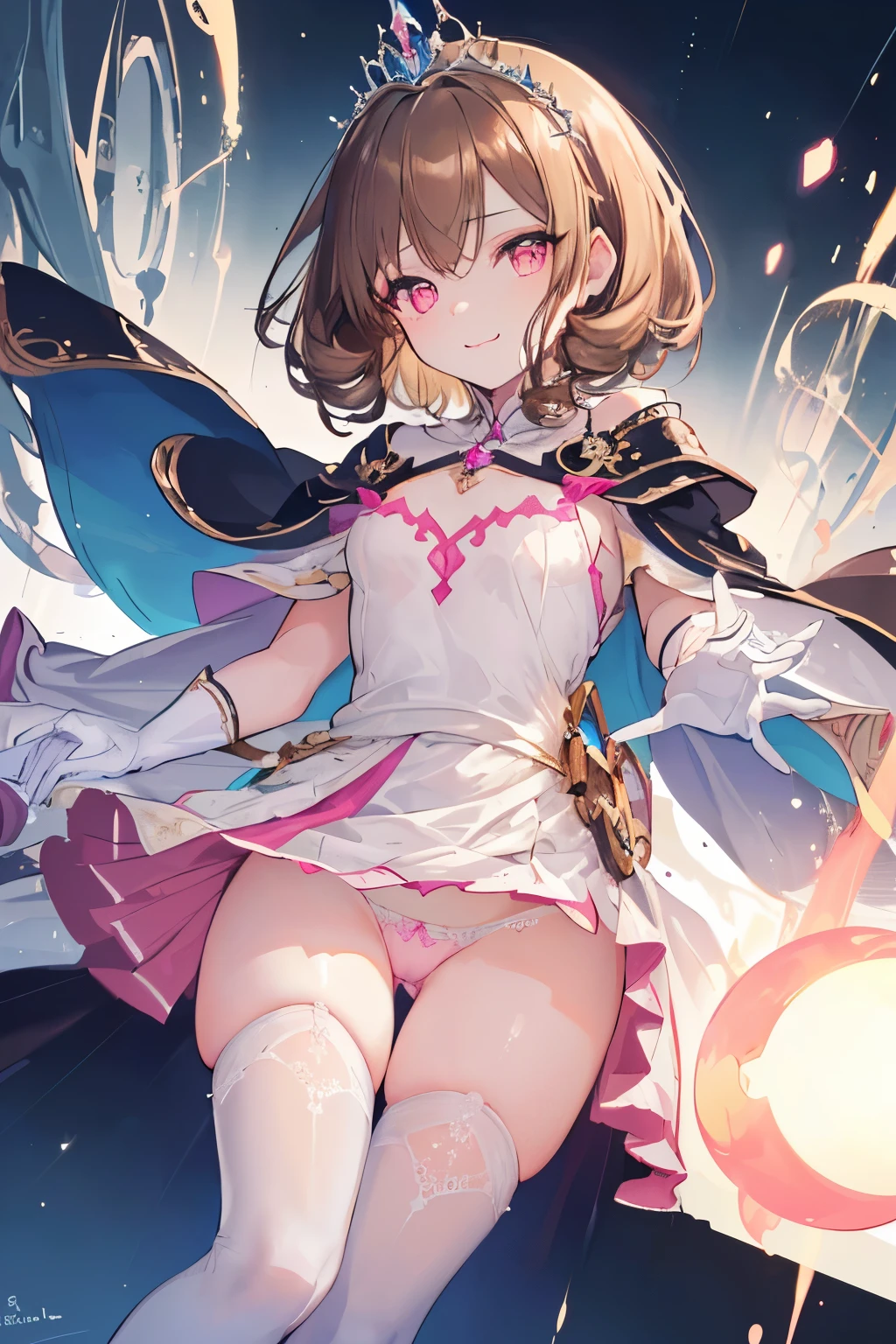 (((1girl))), ((best quality)), ((masterpiece)), ((ultra-detailed)), (illustration), (detailed light), (an extremely delicate and beautiful), (beautiful detailed eyes), (sunlight), ((extremely light)), ((extremely clothes)), (((hyper detail))),(((((front lighting))))),(((((front light))))),
((((quite adorable magical dress with brief skirt and robe and Sister's Tiara)))),
, ((((Master Sister)))),
(((curly manish bob))), ((((light brown hair)))), (((short hair))),
(((clear pink eyes))),
((((whole body)))), aged 5 to 8, ((((())))), (((((quite adorable young girl))))),
(((condescending expression))), (mischievous smile with sexual satisfaction), (((extra adorable))), (((extra slender shape))),
(((extremely beautiful detailed face))),
((elegant magic gloves)),
((elegant magic boots)),
(((bravely and dynamically curing companions with a Magic of Curing Light balls))), ((Dutch angle)), (magical panties),
(((()))),
(((extremely thin thighagical stockings)))