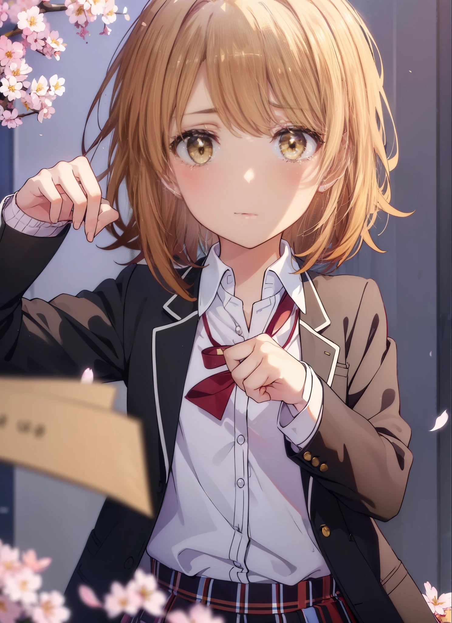 irohaisshiki, iroha isshiki, short hair, brown hair, (brown eyes:1.5), smile,blush,tears run down her face,tears of joy,In his right hand he holds a bouquet of many flowers..,left hand holds barrel,Cherry blossoms are scattered,
break skirt, shirt, ribbon, school uniform, Jacket, white shirt, closed clothes, socks, open Jacket, black Jacket, plaid,, plaid skirt, blazer, cardigan, black socks, pink cardigan, sobu high school uniform,graduation ceremony,brown loafers,
break outdoors, Cherry blossom trees,
break looking at viewer,whole body,Upper body,(cowboy shot:1. 5)
break (masterpiece:1.2), highest quality, High resolution, unity 8k wallpaper, (shape:0.8), (fine and beautiful eyes:1.6), highly detailed face, perfect lighting, Very detailed CG, (perfect hands, perfect anatomy),