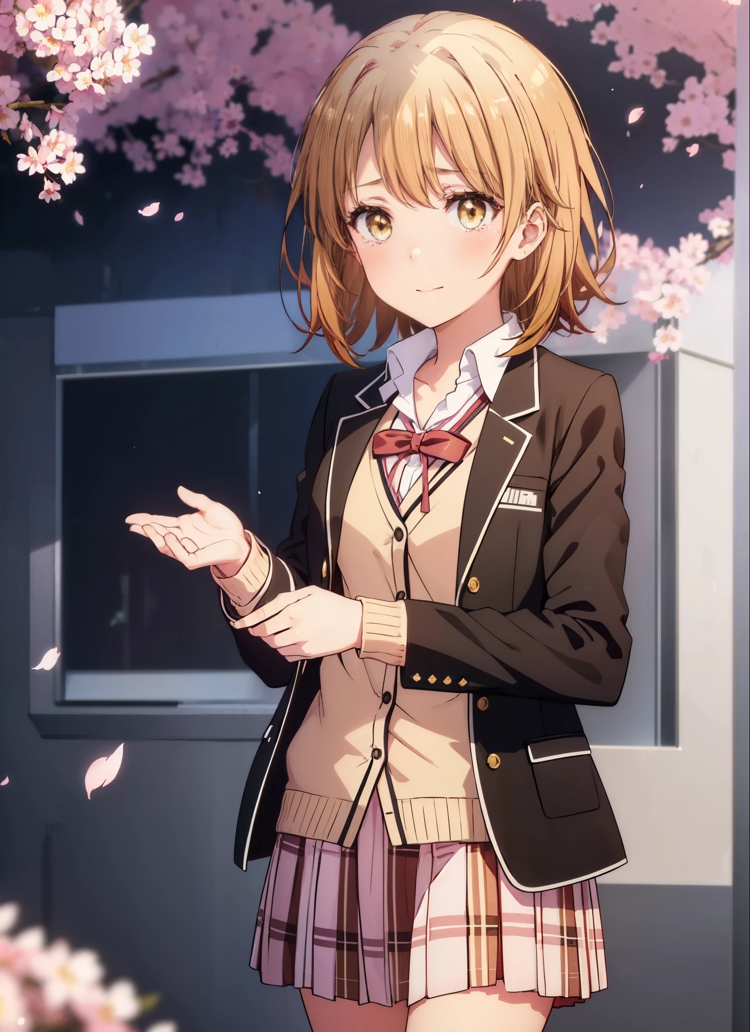 irohaisshiki, iroha isshiki, short hair, brown hair, (brown eyes:1.5), smile,blush,tears run down her face,tears of joy,In his right hand he holds a bouquet of many flowers..,left hand holds barrel,Cherry blossoms are scattered,
break skirt, shirt, ribbon, school uniform, Jacket, white shirt, closed clothes, socks, open Jacket, black Jacket, plaid,, plaid skirt, blazer, cardigan, black socks, pink cardigan, sobu high school uniform,graduation ceremony,brown loafers,
break outdoors, Cherry blossom trees,
break looking at viewer,whole body,Upper body,(cowboy shot:1. 5)
break (masterpiece:1.2), highest quality, High resolution, unity 8k wallpaper, (shape:0.8), (fine and beautiful eyes:1.6), highly detailed face, perfect lighting, Very detailed CG, (perfect hands, perfect anatomy),