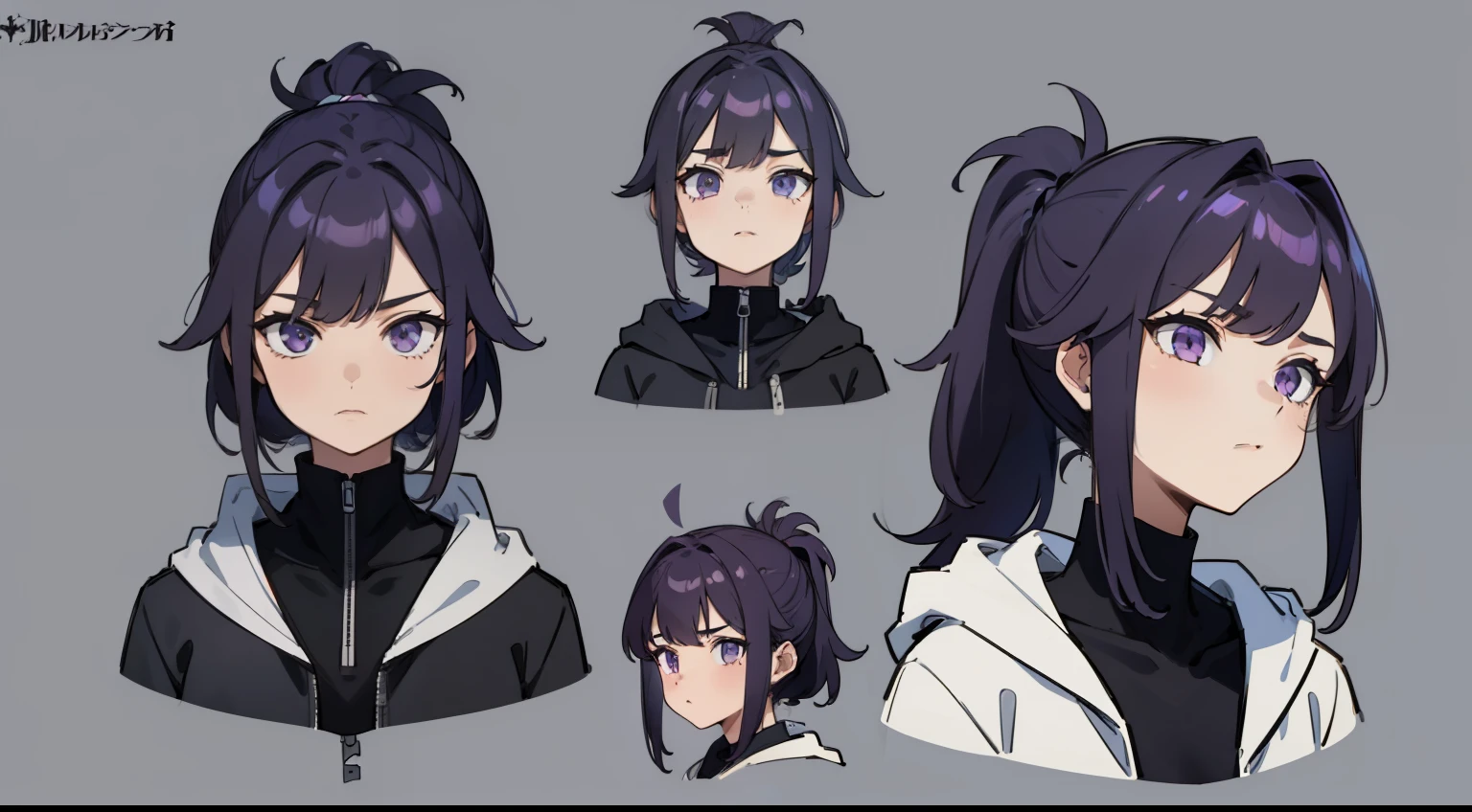 ((Masterpiece, Highest quality)), Detailed face, character sheets, full body, Girl, Purple eyes, Black-Violet hair, Ponytail hairstyle, gray skin, has a cross on the left side of the face, Jellyfish humanoid, Messy hair, ((pointy hair)), hair between eye, Suit with hoodie on, gray theme, Full of details, Multiple poses and expressions, Highly detailed, Depth, Many parts