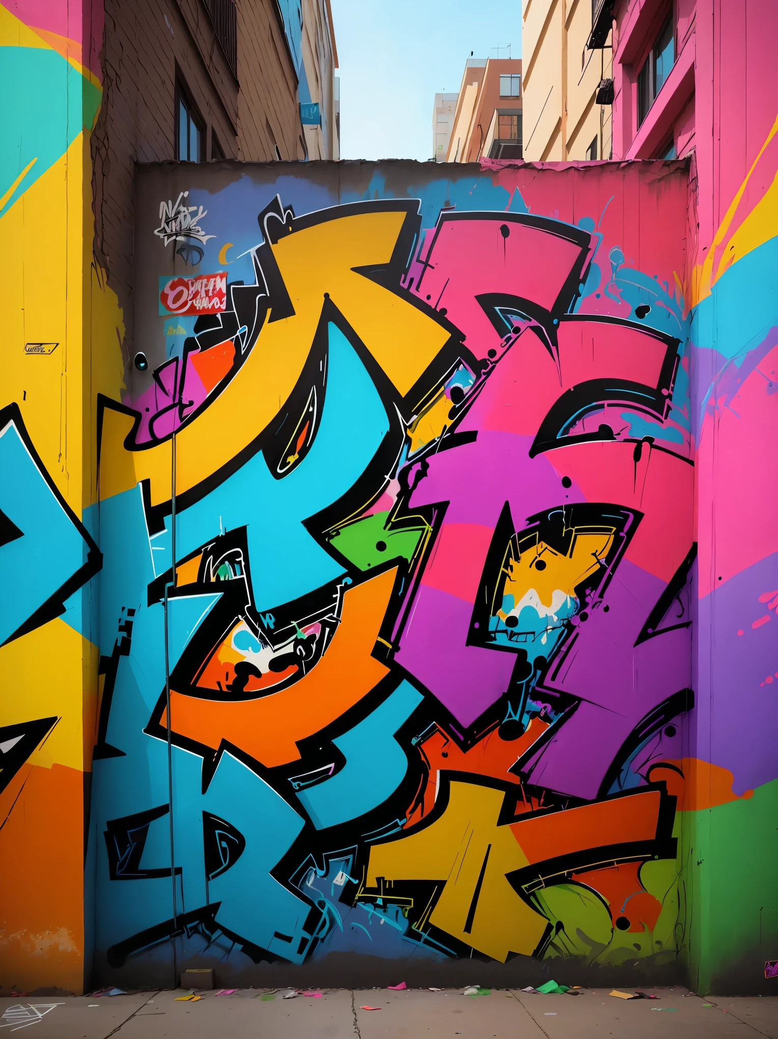 A colorful graffiti art on a weathered wall, vibrant and full of life, bringing comic characters to life. Extremely detailed, urban street scene, eye-catching characters, realistic graffiti art style, pop culture aesthetics, vivid colors, detailed artwork, murals, whimsical interactions, street art culture, artistic expression, urban environment, dynamic composition, rich textures, professional graffiti artist, energetic atmosphere, hip-hop culture, animated characters, bold lines, urban lifestyle, modern art, urban decay, creative expression, art on the streets, youth subculture.