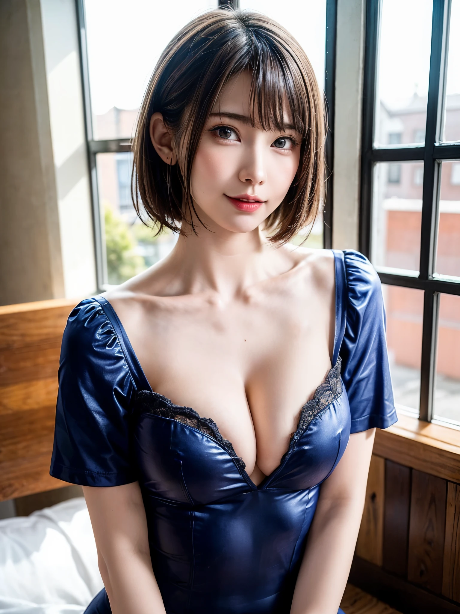 (masterpiece, highest quality、super dense skin、get used to it),1 girl, alone,Beautiful symmetrical face、 hyper realistic, realistic,realistic, light brown eyes stare at the viewer,Brunette short bob hair with highly detailed shiny hair:2、intense eye highlights), See-through brightly colored winter clothes,Lovely see-through costume full of charm、 lips,lip gloss, outdoors, Upper body、Big eyes、eyelash、{Huge|big|Hugeな|mega} chest:2, cleavage:2、(Big eyess short bob hair beautiful detailed eyes、Adds intense highlights to your eyes with eye-catching light、large full chest、look at the audience、she is very beautiful and cute、show me your ears、long neck:1.4、smile、Close your mouth and smilee、perfect anatomy、ideal body proportions、Please tilt your head slightly)、(Snow-covered tree-lined street in Norway in winter)、(she is a very cute and attractive woman)、portrait:2、perfect anatomy