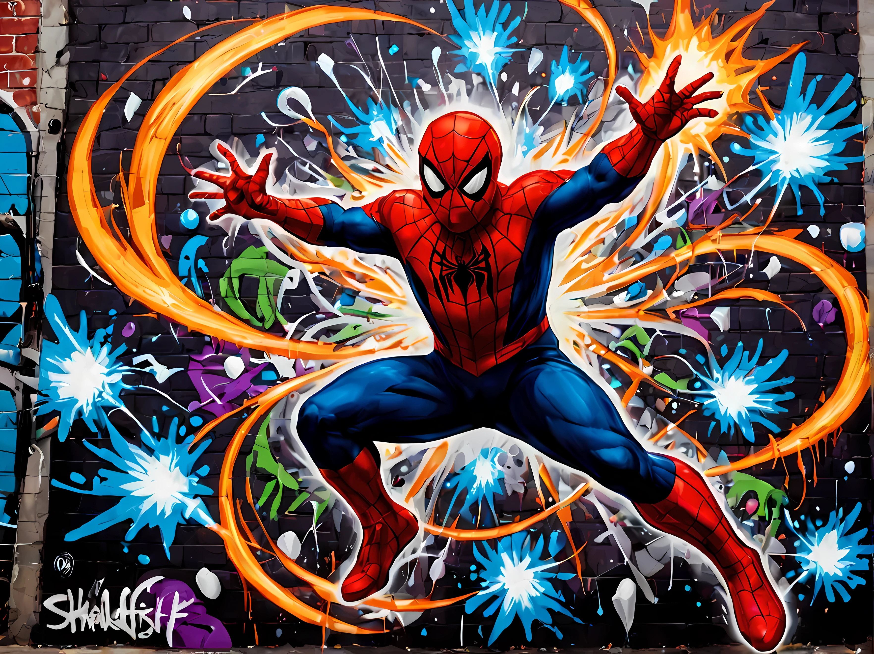 made of elemental_graffiti, design a mesmerizing ((((wall graffiti)))) featuring heroic Spider-Man in a dynamic pose (swinging through a web-filled ((art gallery))), shattered glass and dynamic lines, bold and vibrant colors, cloudy, magic, intricate details, symbols, abstract, realism, sharp focus, masterpiece in maximum 16K resolution, sharp details, elemental art, graffiti art. | ((More_Detail))