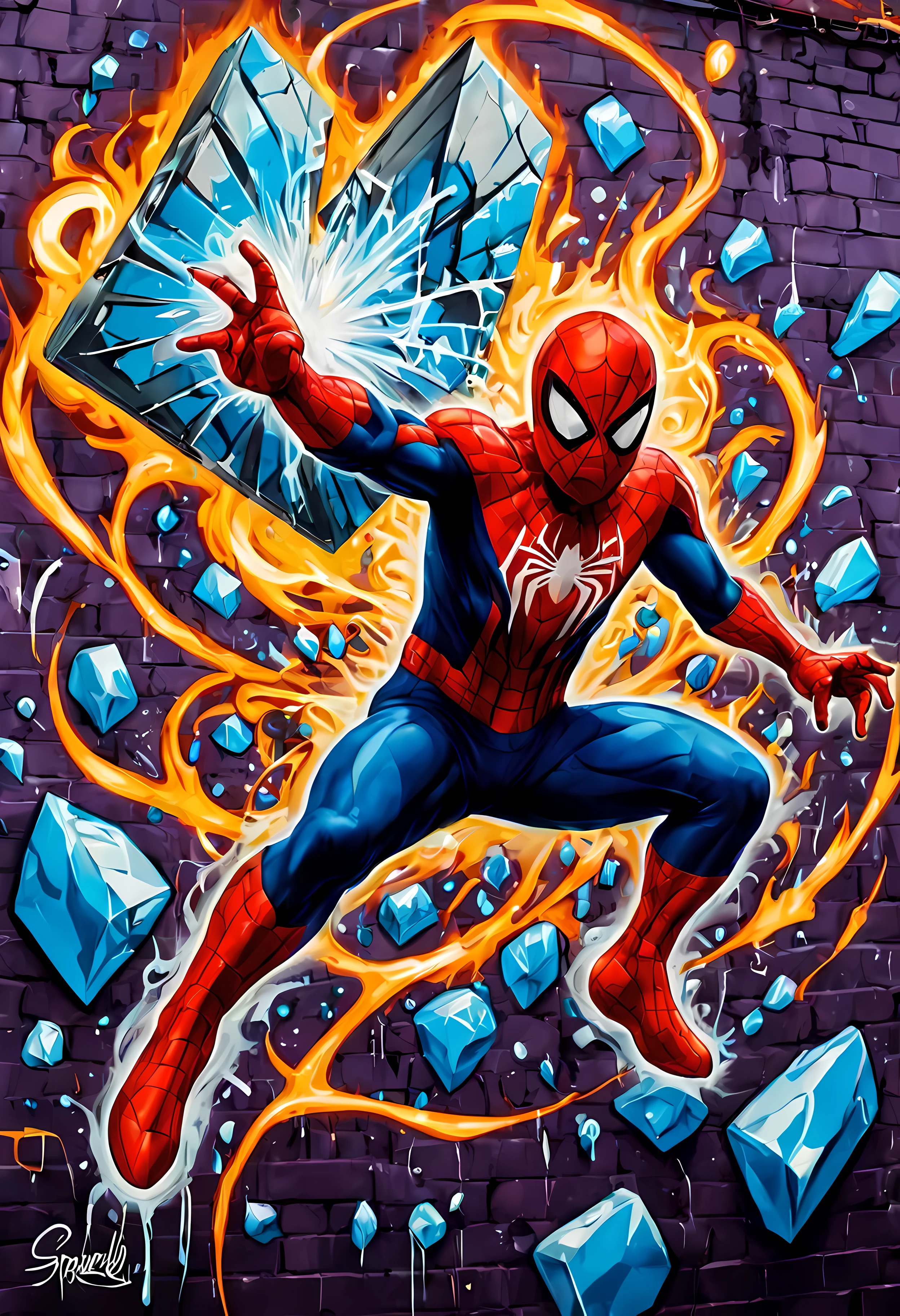 made of elemental_graffiti, design a mesmerizing ((((wall graffiti)))) featuring heroic Spider-Man in a dynamic pose (swinging through a web-filled ((art gallery))), shattered glass and dynamic lines, bold and vibrant colors, cloudy, magic, intricate details, symbols, abstract, realism, sharp focus, masterpiece in maximum 16K resolution, sharp details, elemental art, graffiti art. | ((More_Detail))