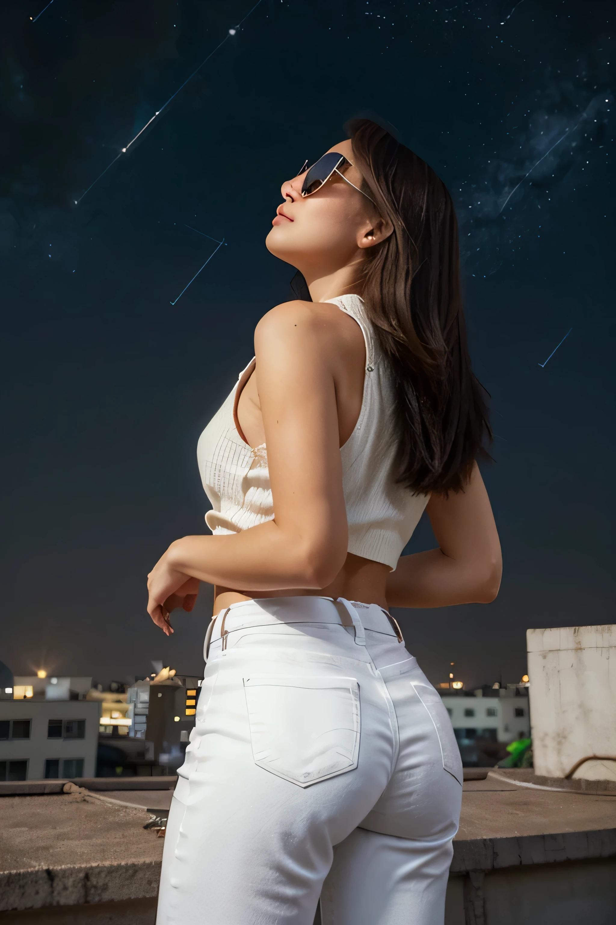 A stylish girl 18-25 man, back view, distance from view, angle view, white jeans, with a pair of vintage sunglasses stands on a rooftop, gazing up at the stars. She feels a connection to her departed loved ones, knowing they are watching over her from the night sky. The image is rendered in a retro, nostalgic style, with muted colors and a grainy texture. looking up at the stars. stands on a rooftop, looking up at the stars