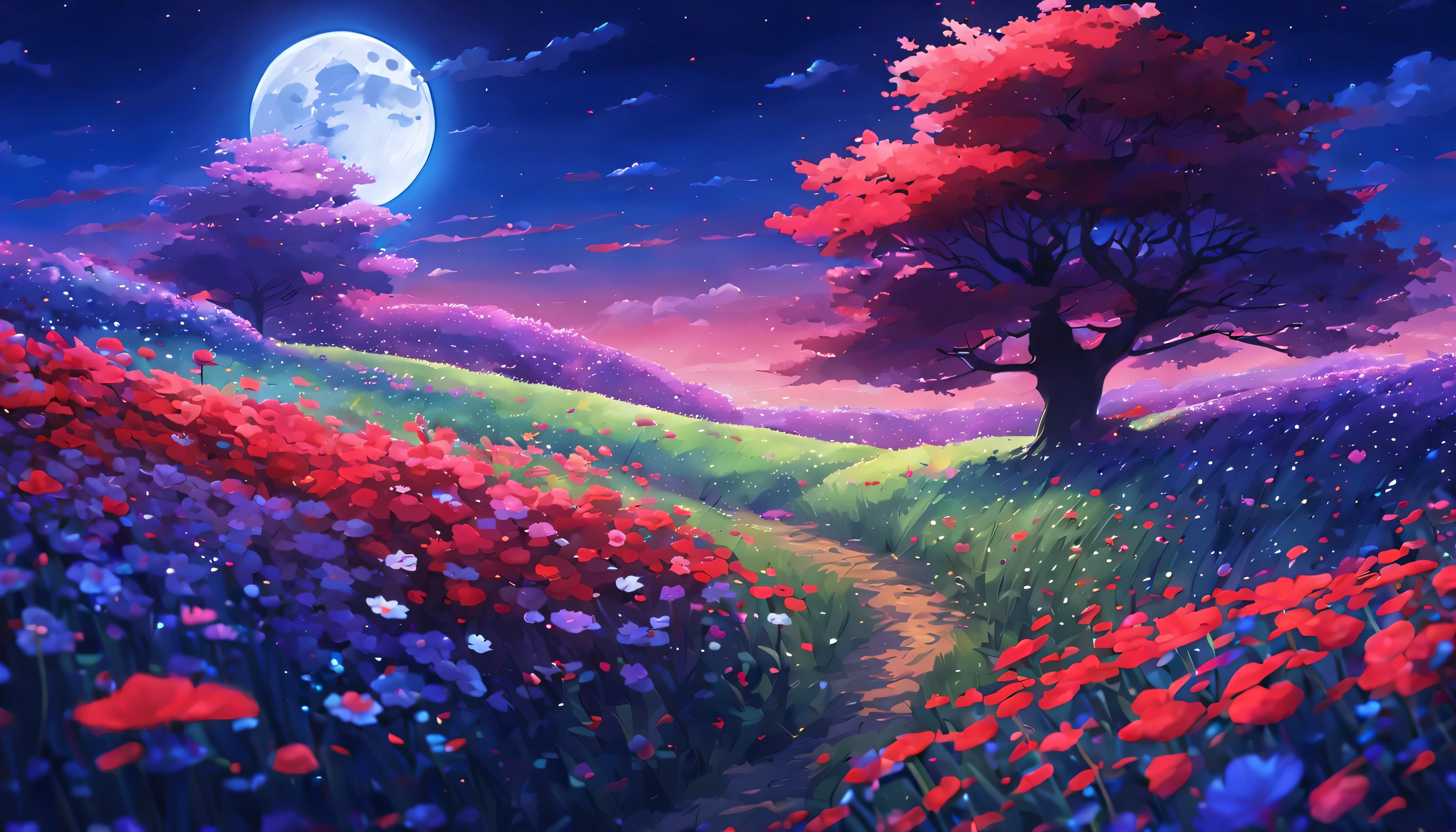 A painting of a field with flowers and a tree in the middle - SeaArt AI