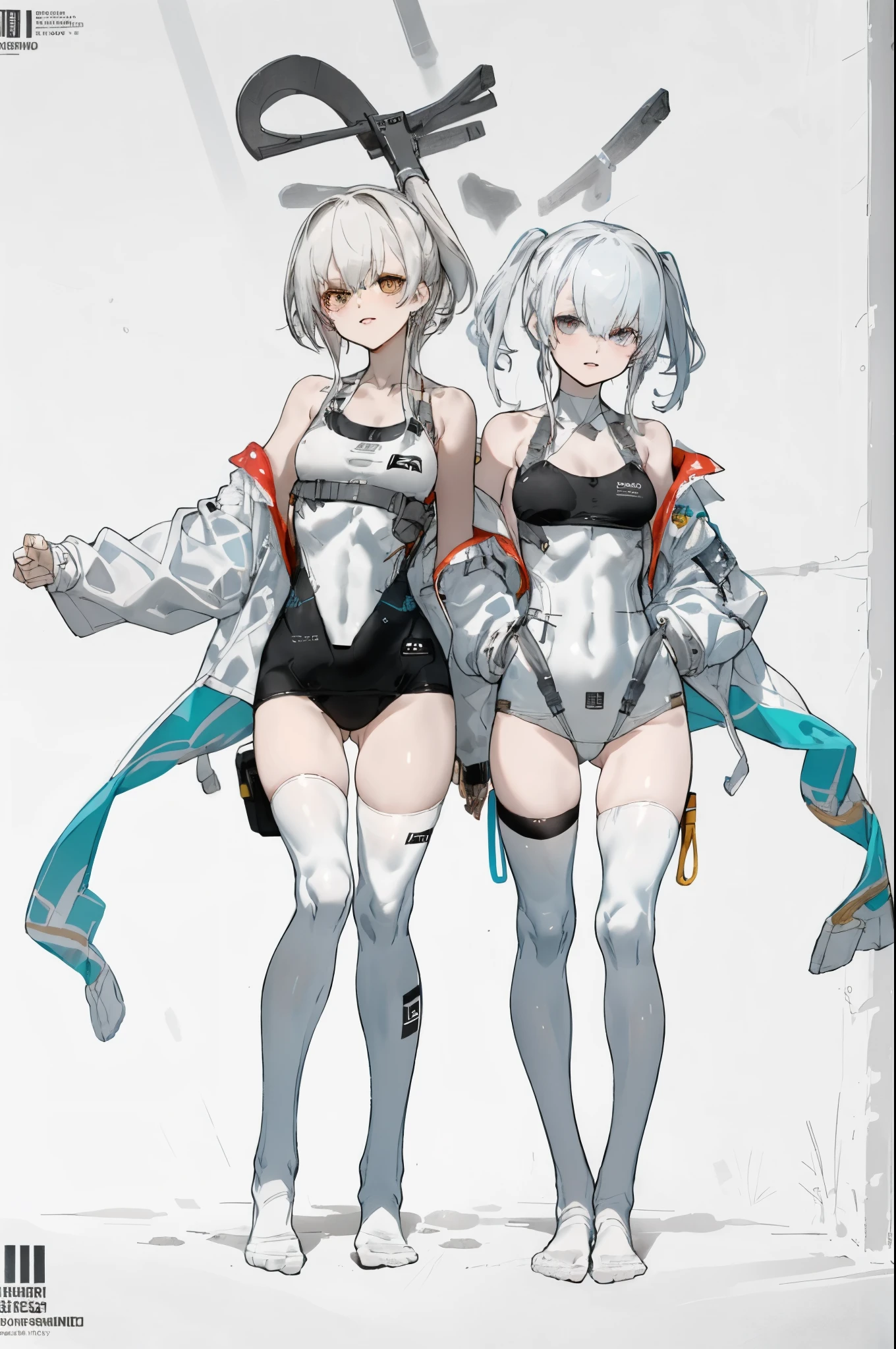 1 girl,solo,White hair,长White hair,White knee-high socks,no shoes,Deep V one-piece swimsuit