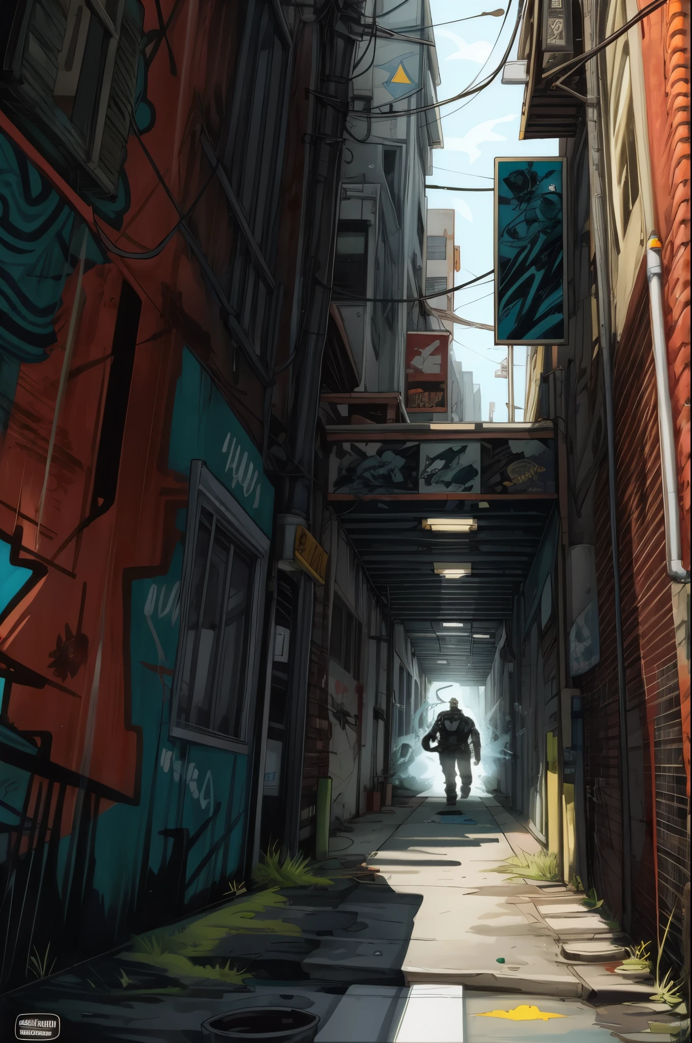 graffiti-filled alleyway, vibrant colors, urban street art, (comic book style:1.1), dynamic action scenes, bold lines and patterns, spray paint textures, exaggerated characters, comic book sound effects, comic book speech bubbles, comic book panel layout, gritty urban environment, hidden messages, tags and signatures, surreal elements, urban culture, youthful energy, cultural commentary, expressive characters, larger-than-life superheroes, visual storytelling, mysterious narratives, dynamic composition, street culture, rebellious spirit, artistic expression, high contrast, strong visual impact, vivid and saturated colors.
