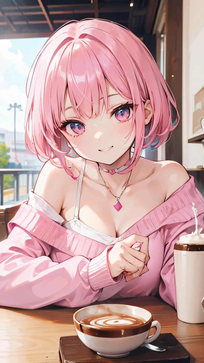 extreme close up face, Short off-shoulder hair in pink and white,Dignified and wonderful Girl, in a cafe, grin, with coffee