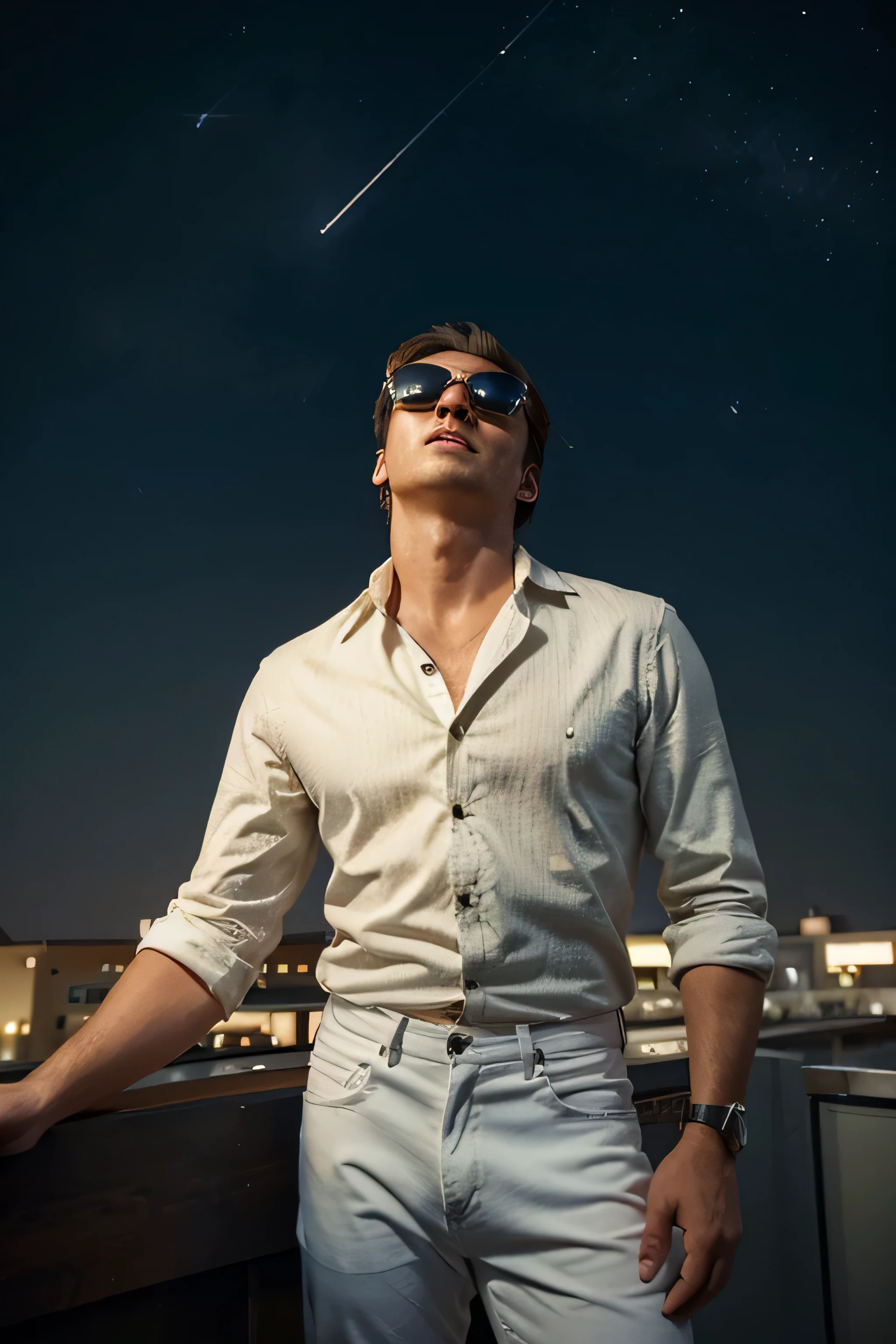 A stylish man 18-25, white jeans, with a pair of vintage sunglasses stands on a rooftop, gazing up at the stars. he feels a connection to her departed loved ones, knowing they are watching over her from the night sky. The image is rendered in a retro, nostalgic style, with muted colors and a grainy texture. looking up at the stars. stands on a rooftop, looking up at the stars